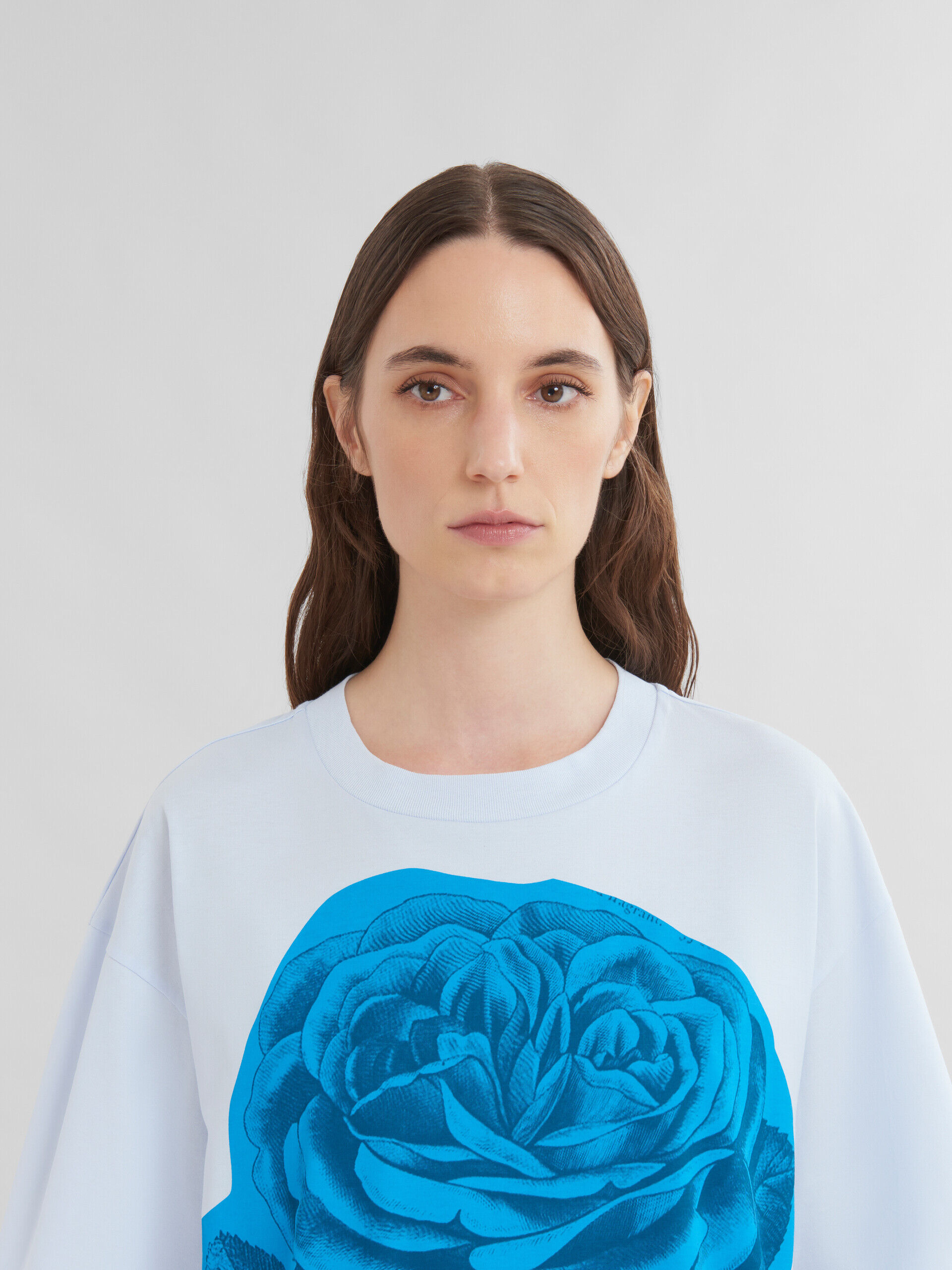 Blue cotton T-shirt with maxi flower print | Marni