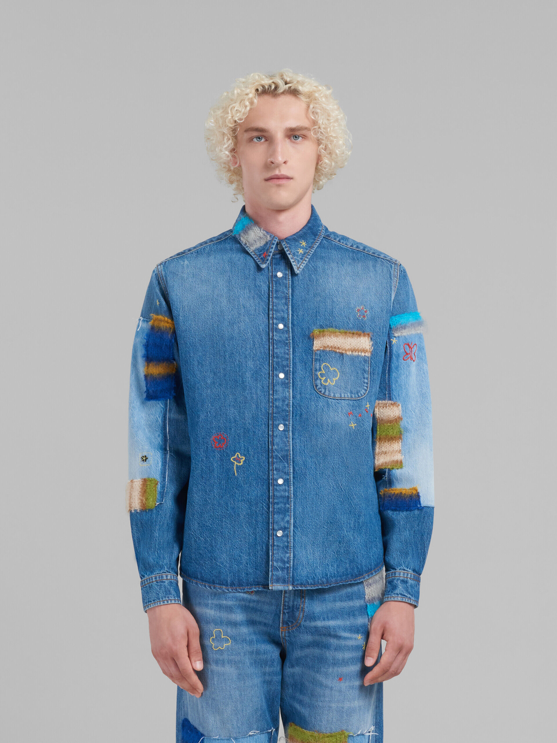 Blue organic denim shirt with mohair patches | Marni
