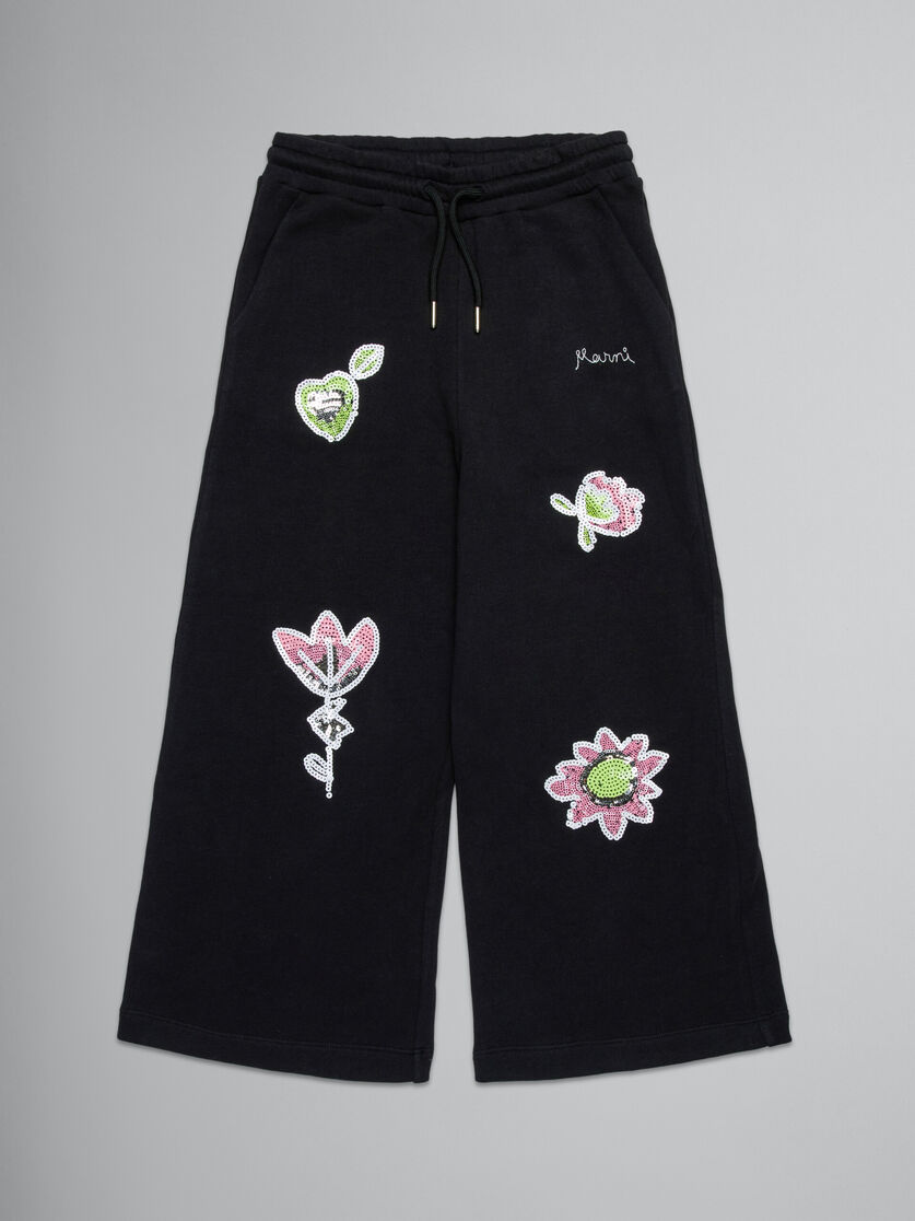 Pantaloni wide neri con fiori di paillettes - Pantaloni - Image 1