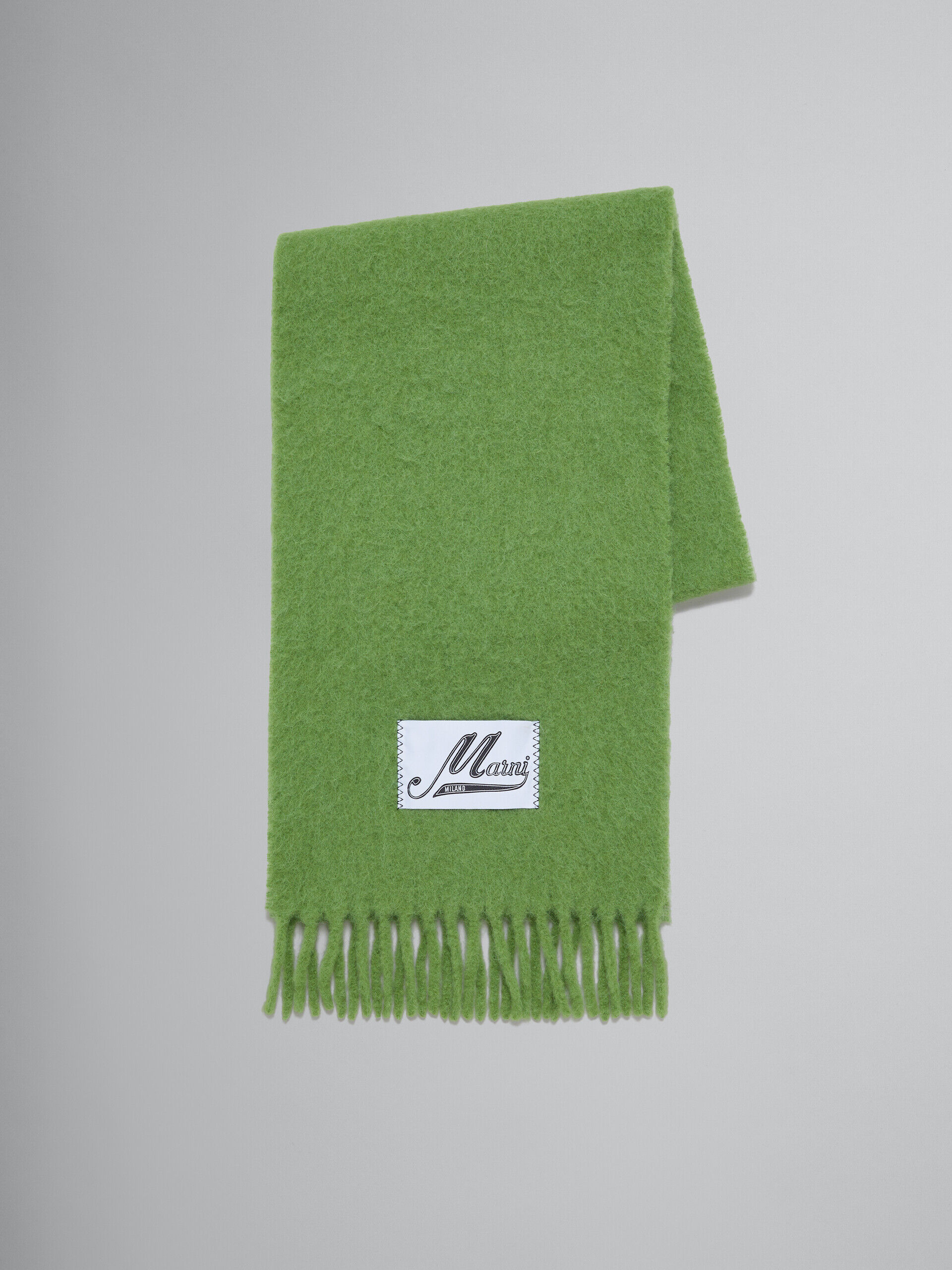グリーン ブラッシュドアルパカ製スカーフ、フリンジ付き | Marni