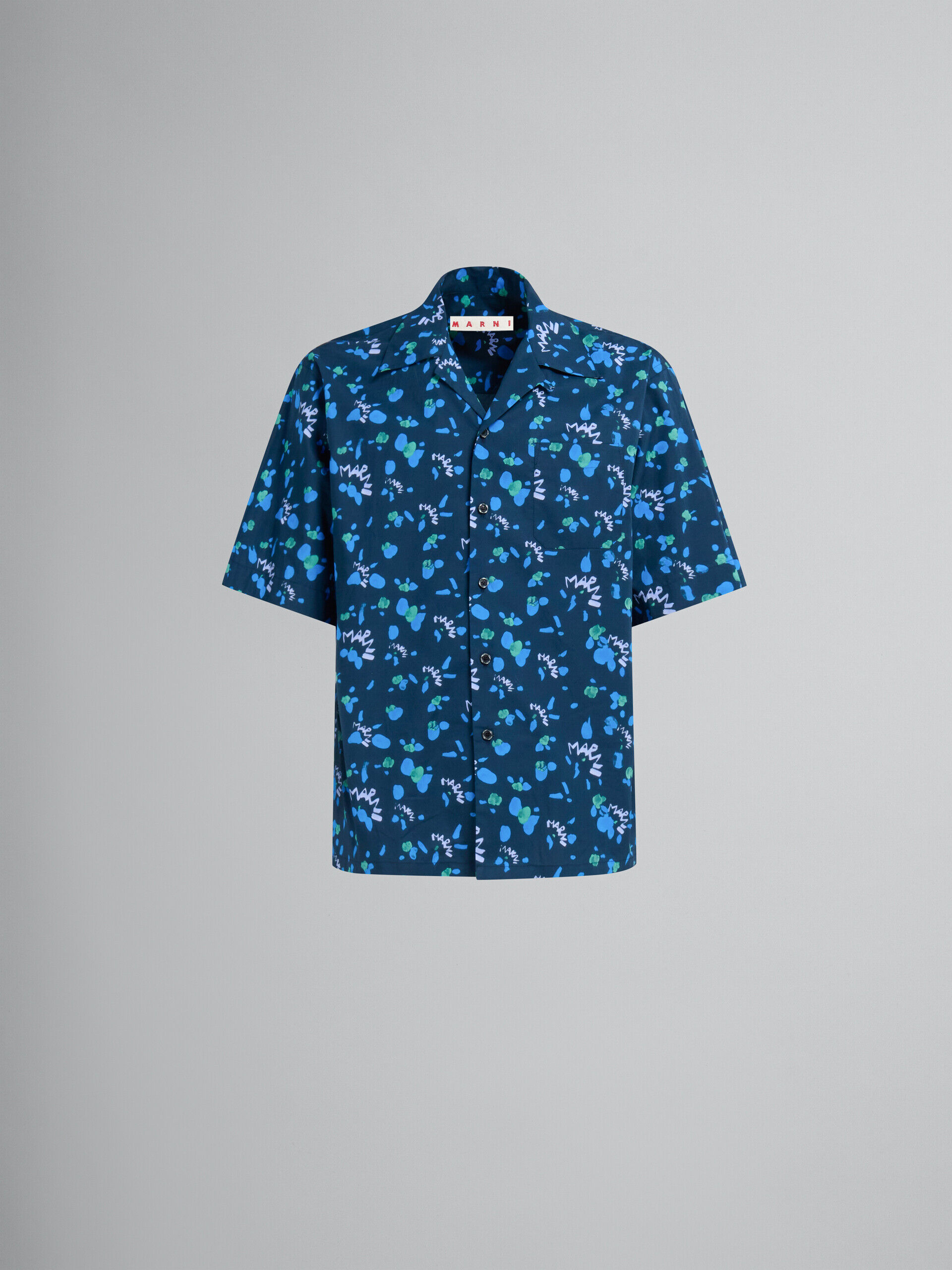 Blue poplin bowling shirt with Marni Dripping print | Marni