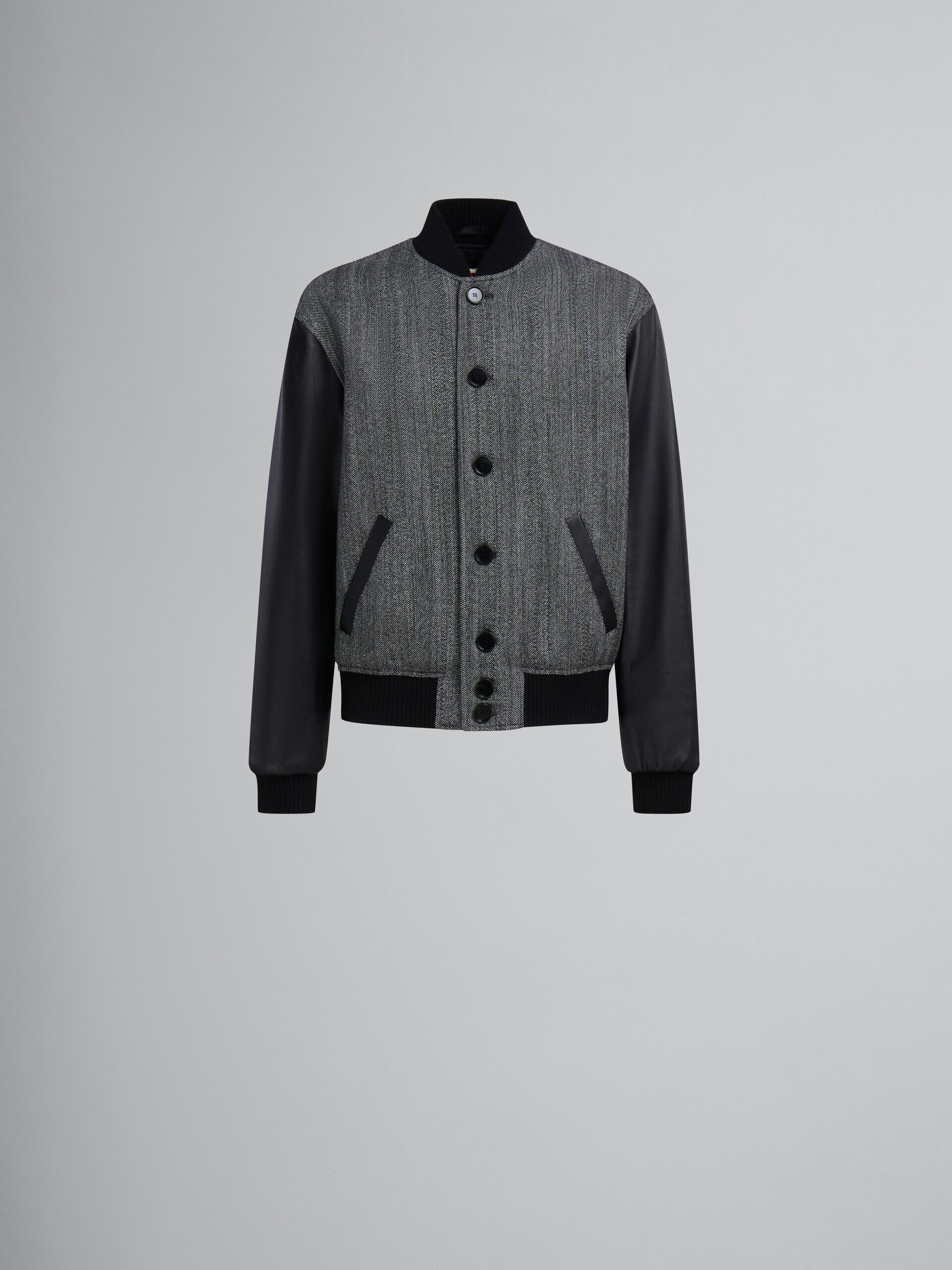 ブラック ヘリンボーンウール製ジャケット、レザー製の袖 | Marni