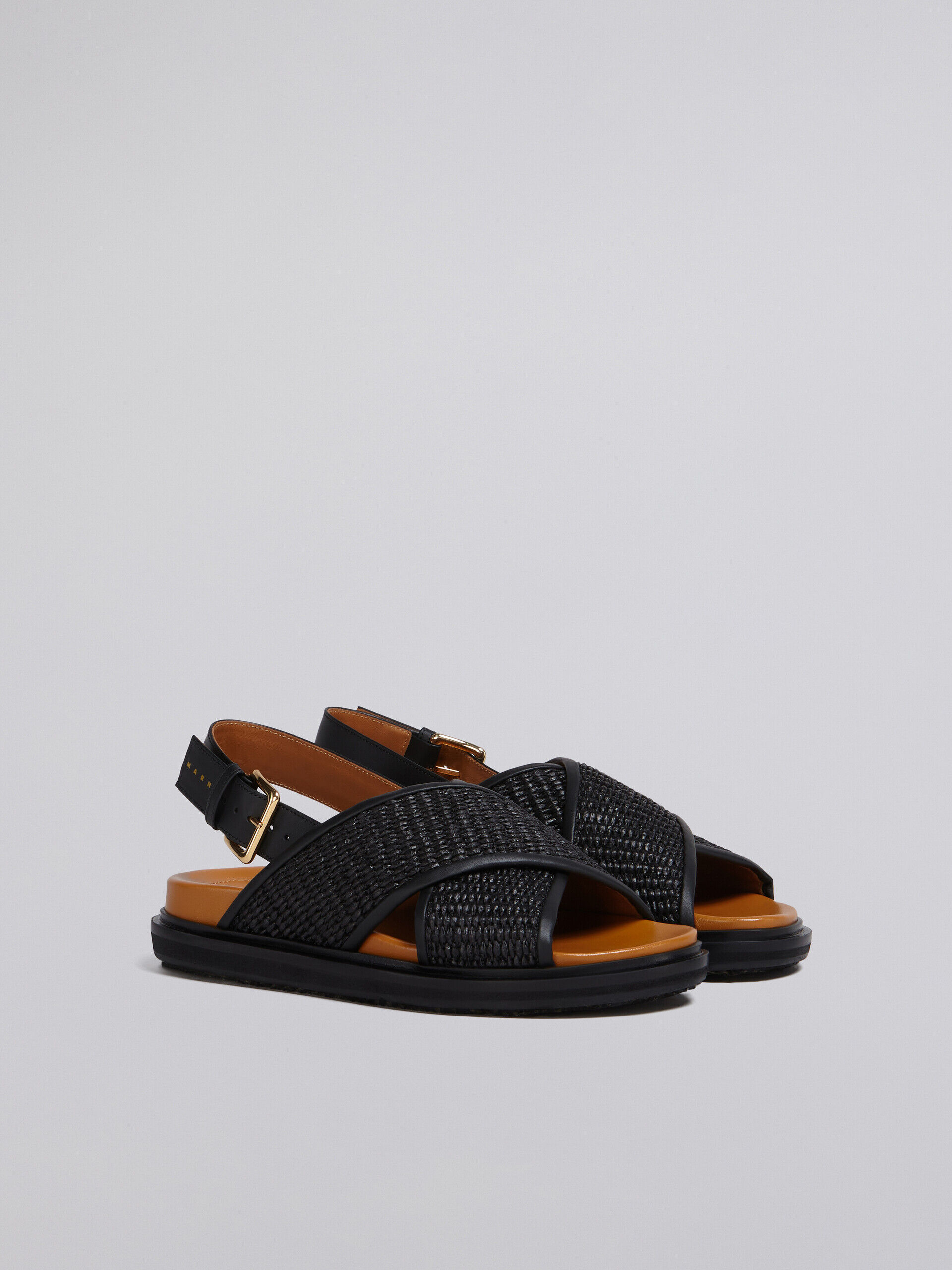 Fussbet sandals in black leather and raffia-effect fabric | Marni
