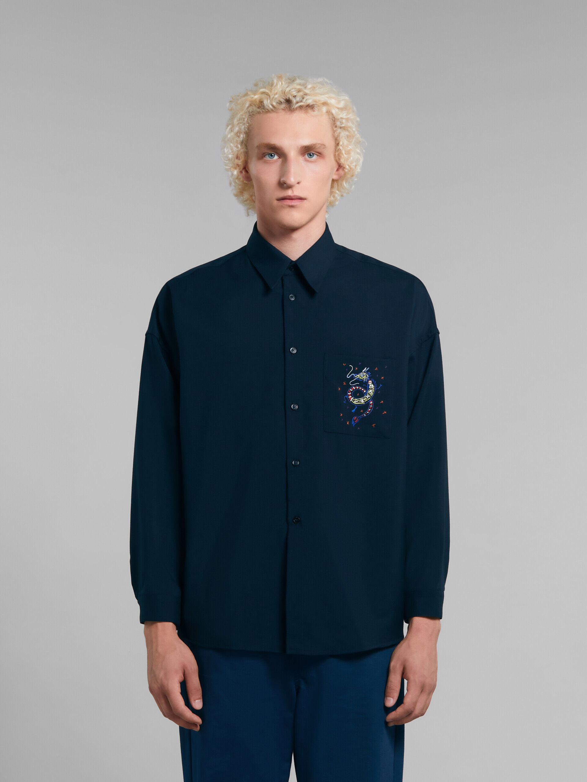 Deep blue wool shirt with embroidered dragon | Marni