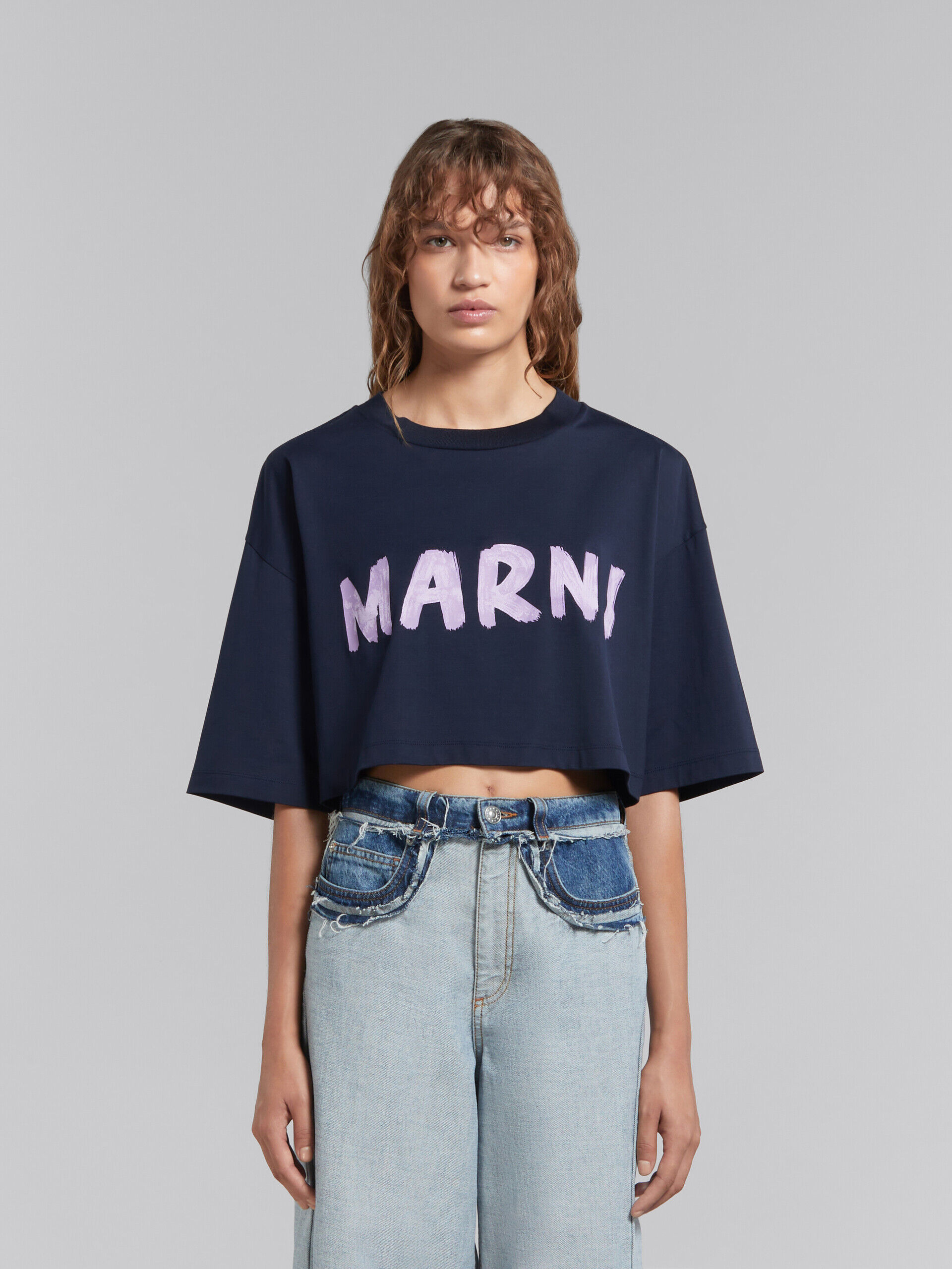 Deep blue organic cotton T-shirt with maxi logo print | Marni