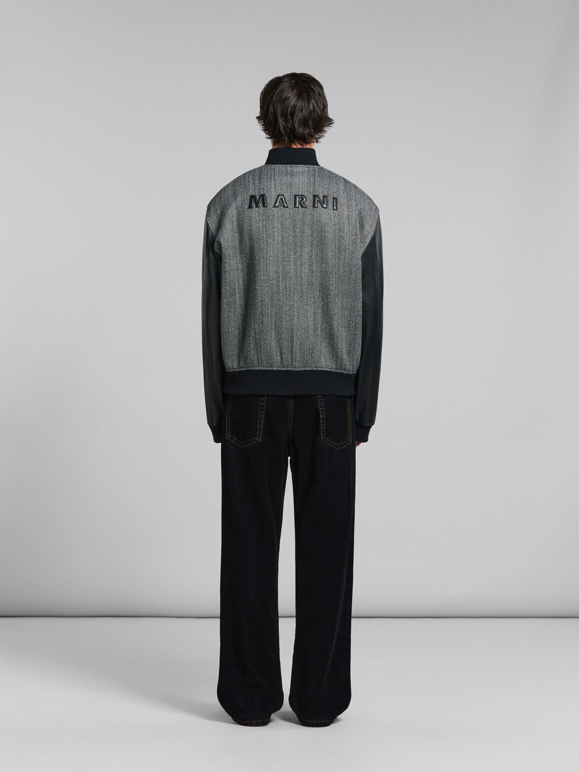 ブラック ヘリンボーンウール製ジャケット、レザー製の袖 | Marni