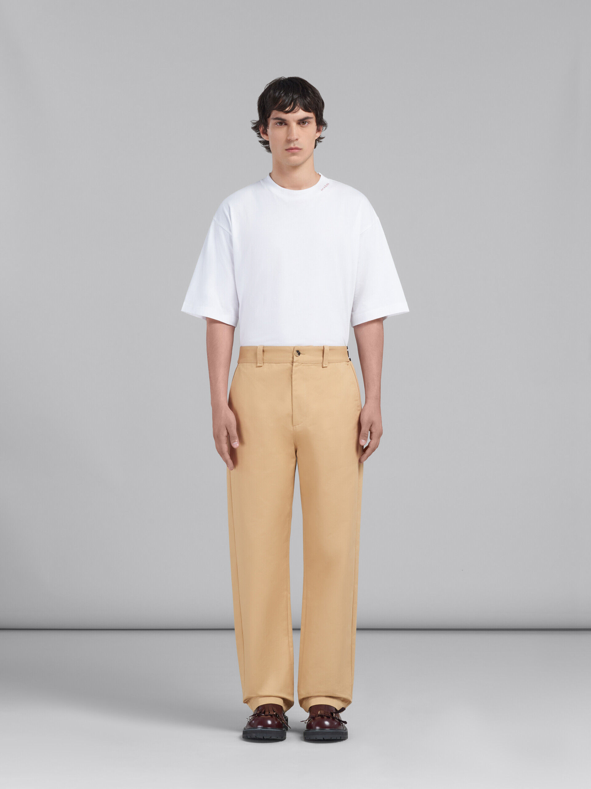Beige organic gabardine trousers with back logo waist | Marni
