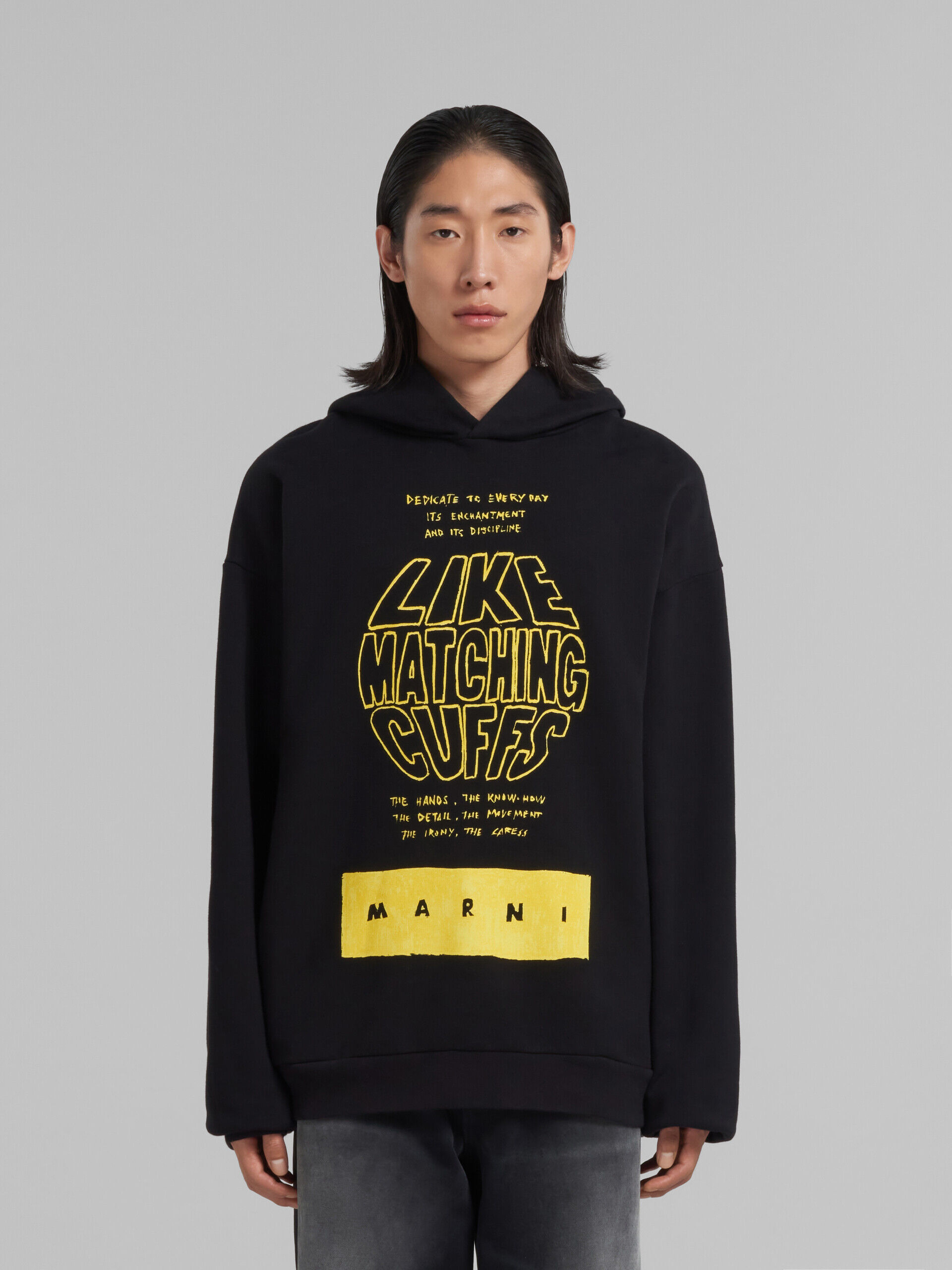 Black bio cotton hoodie with maxi slogan print | Marni