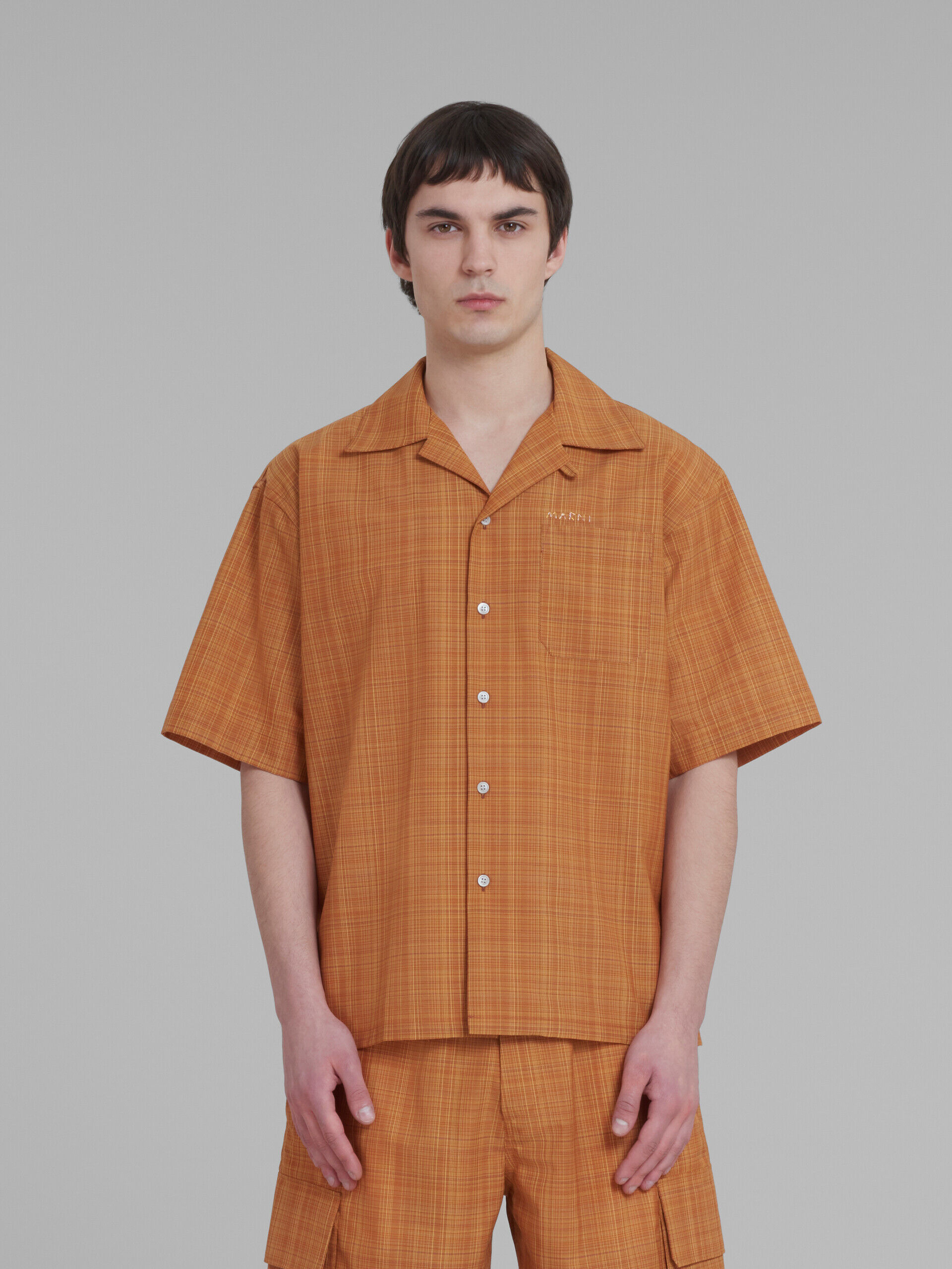 オレンジ チェック ライトウールボウリングシャツ(ボクシーフィット