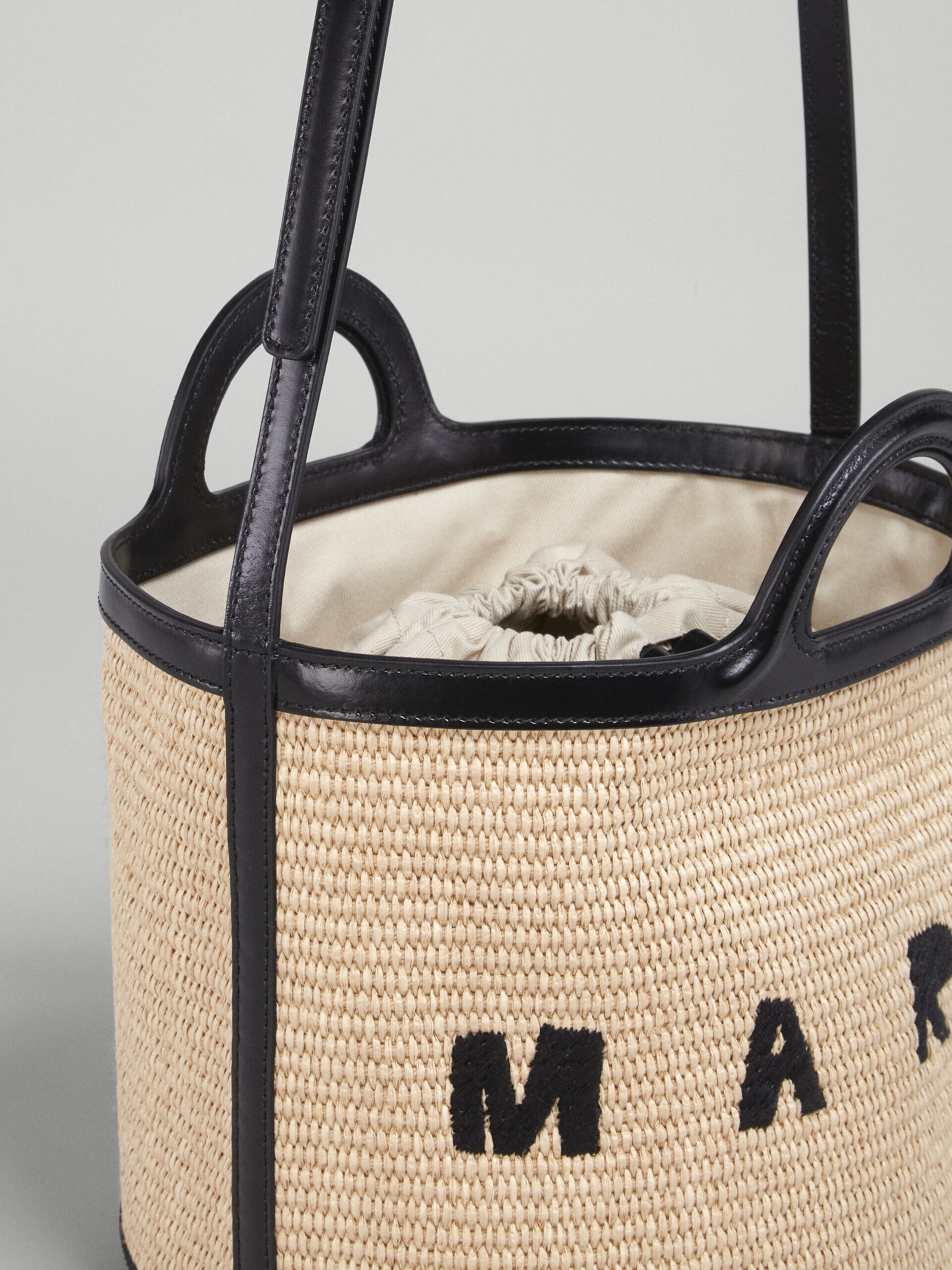 Tropicalia Small Bucket Bag in black leather and raffia-effect