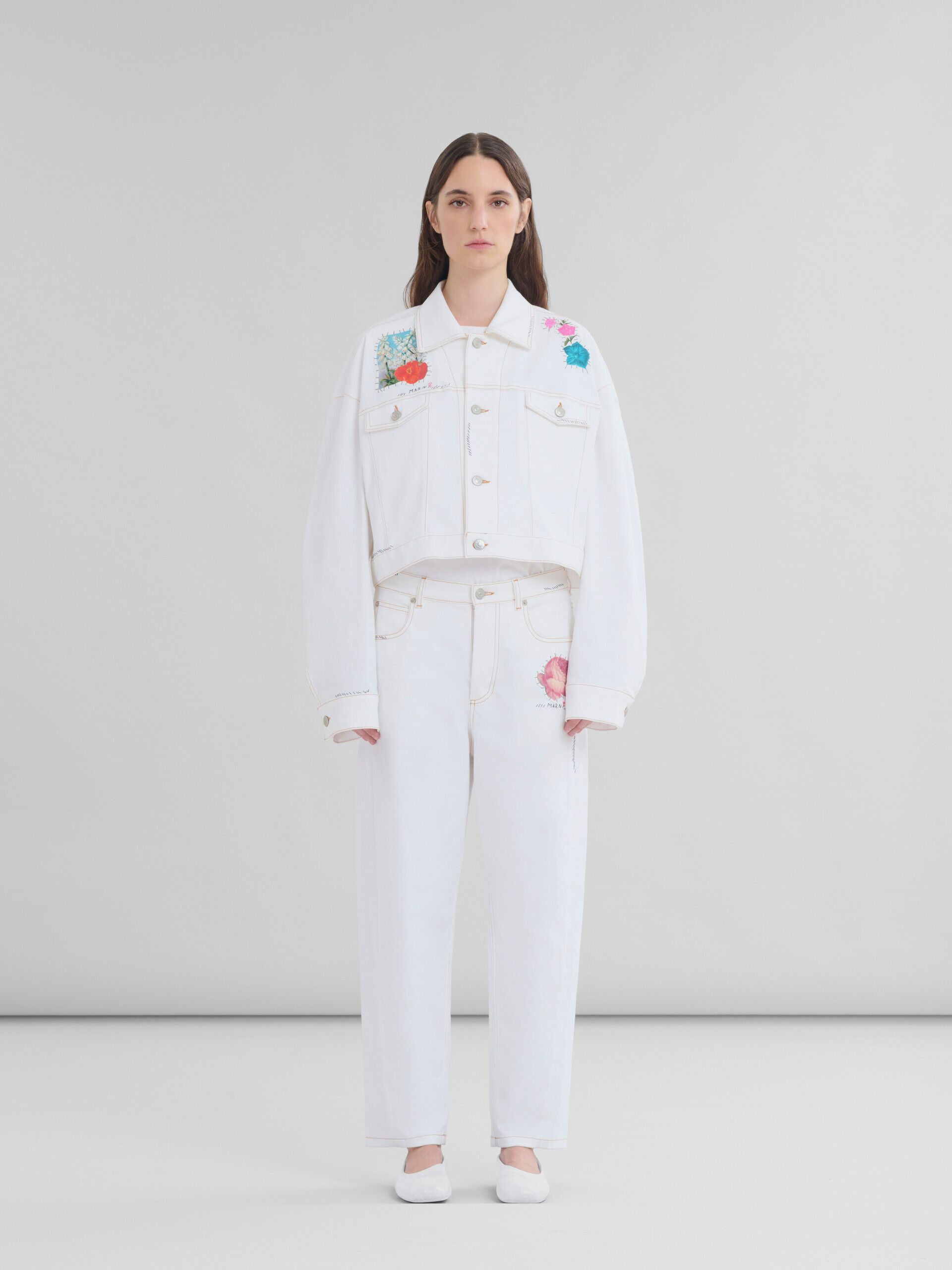 White denim jacket with flower patches | Marni