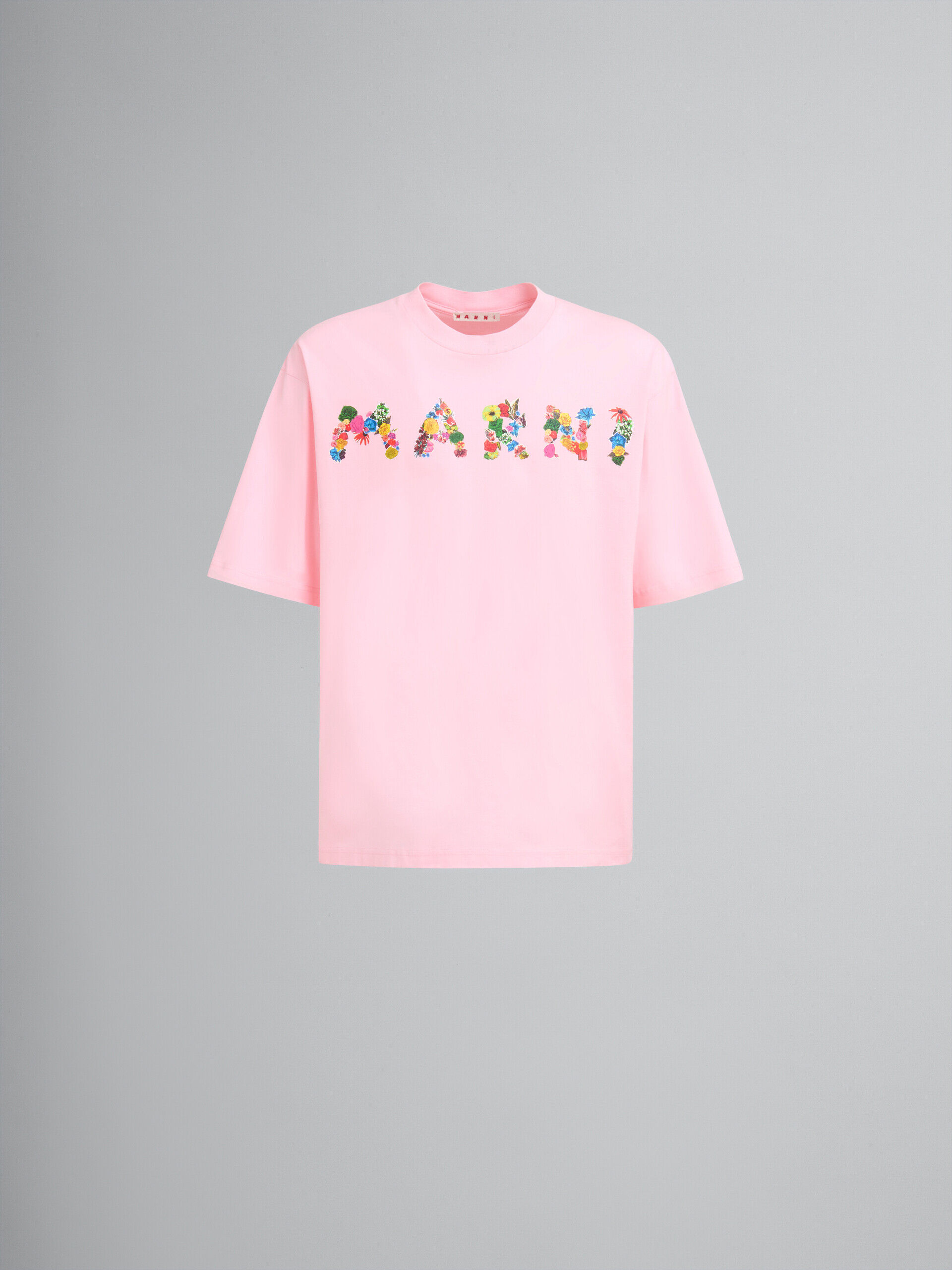 Pink cotton T-shirt with bouquet Marni logo | Marni