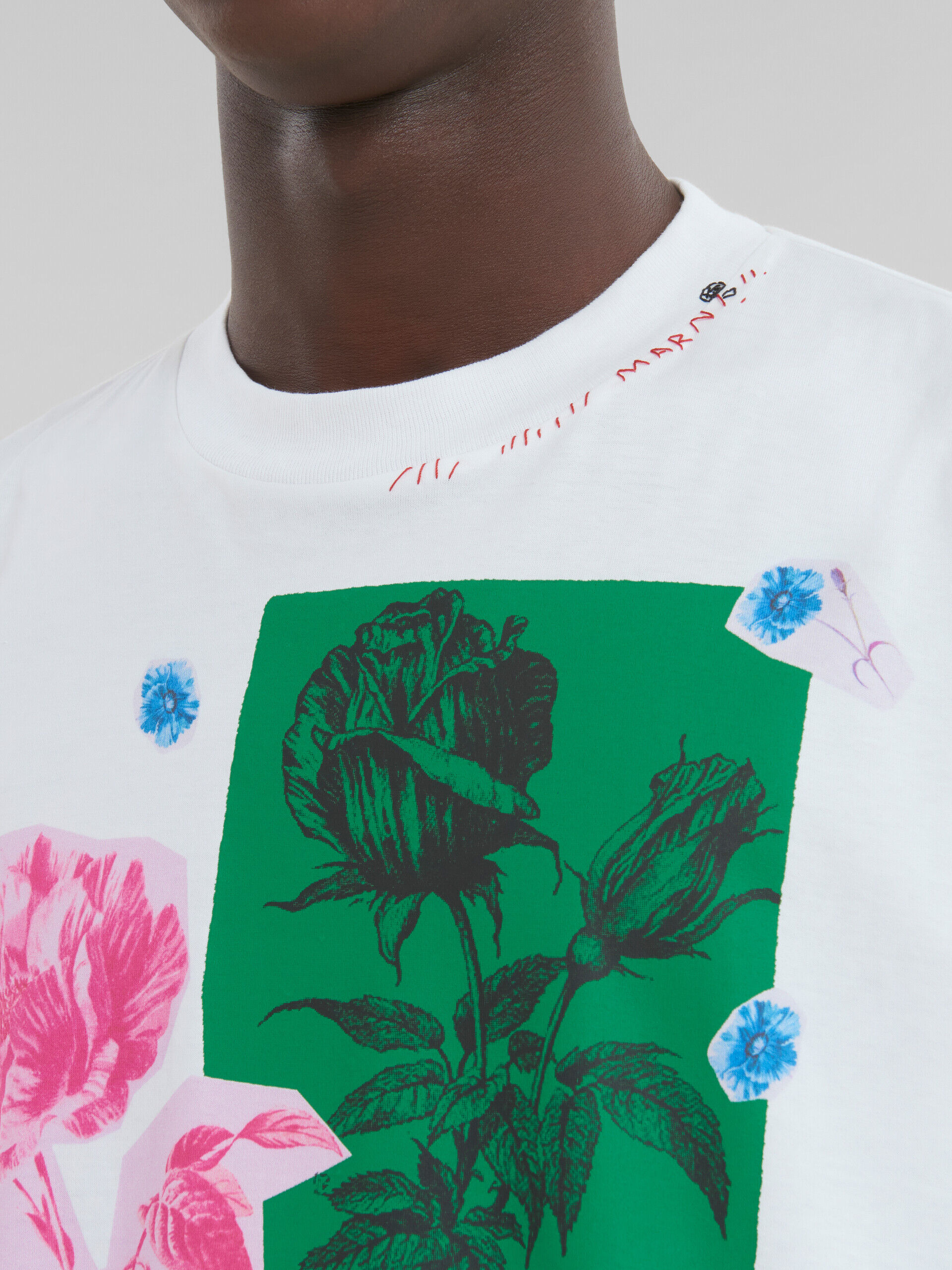 White cotton T-shirt with flower prints | Marni