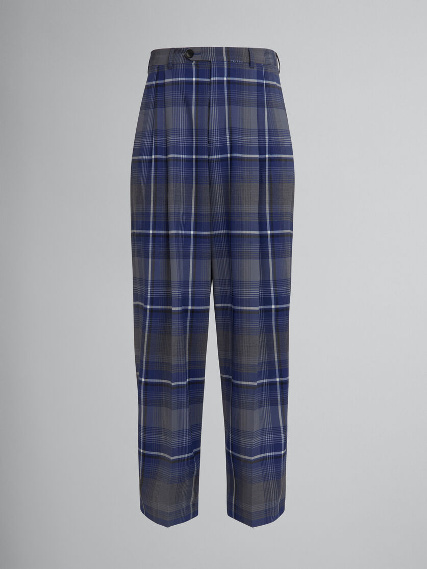 Pantaloni con pieghe in lana a quadri blu - Pantaloni - Image 1