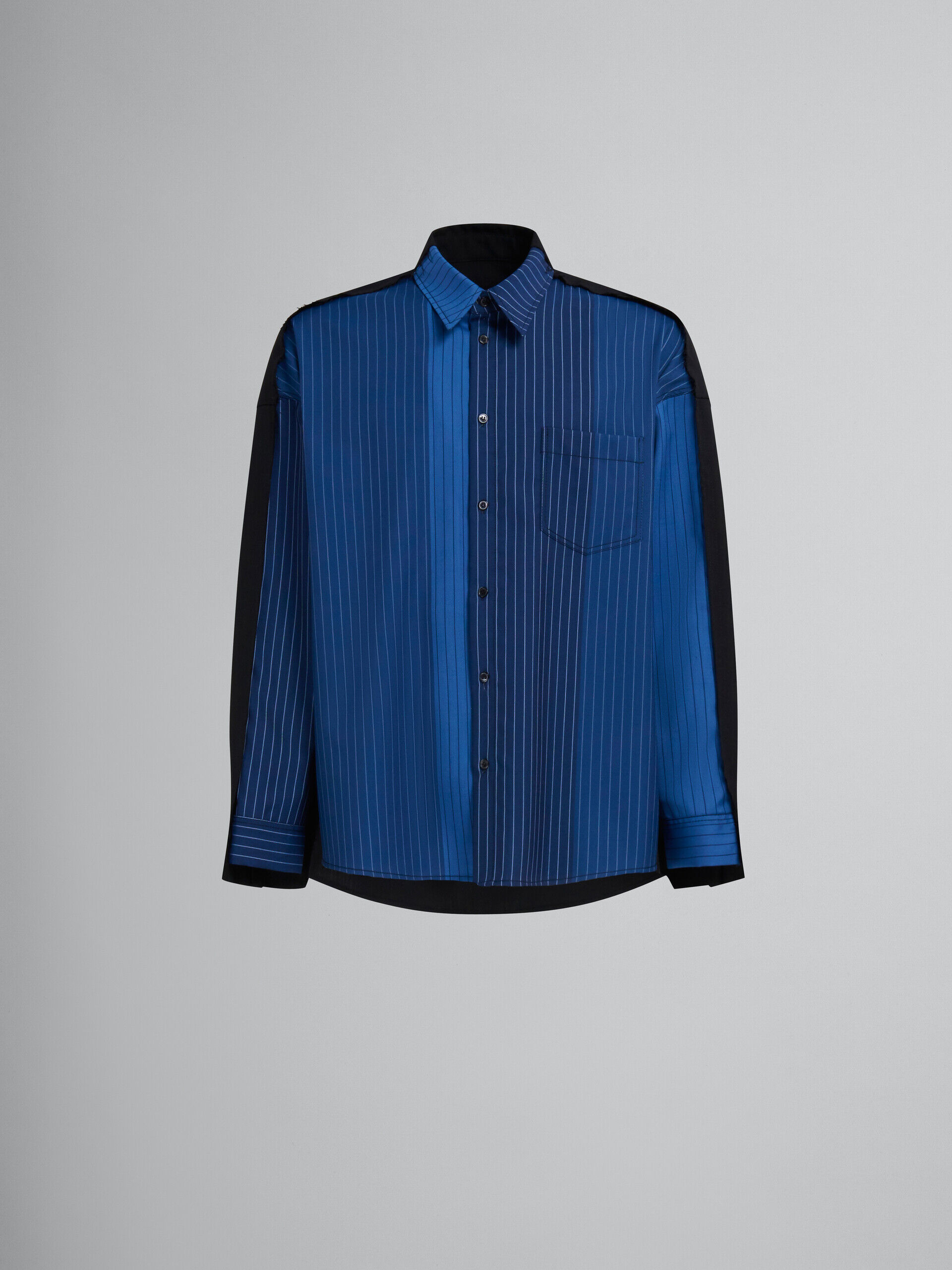 ブルー グラデーションピンストライプ ウール製シャツ、コントラスト