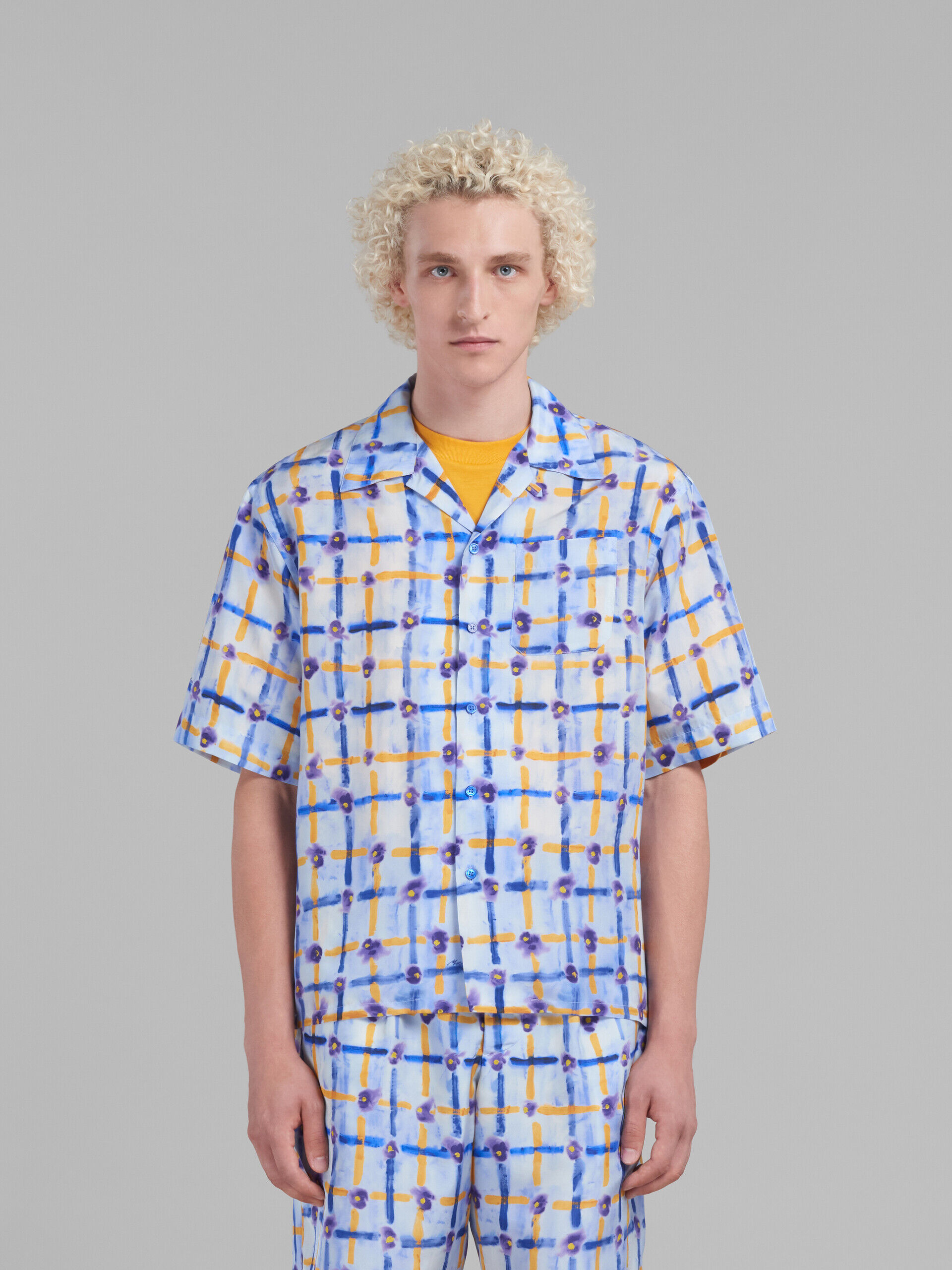 Light blue Habotai silk bowling shirt with Saraband print | Marni