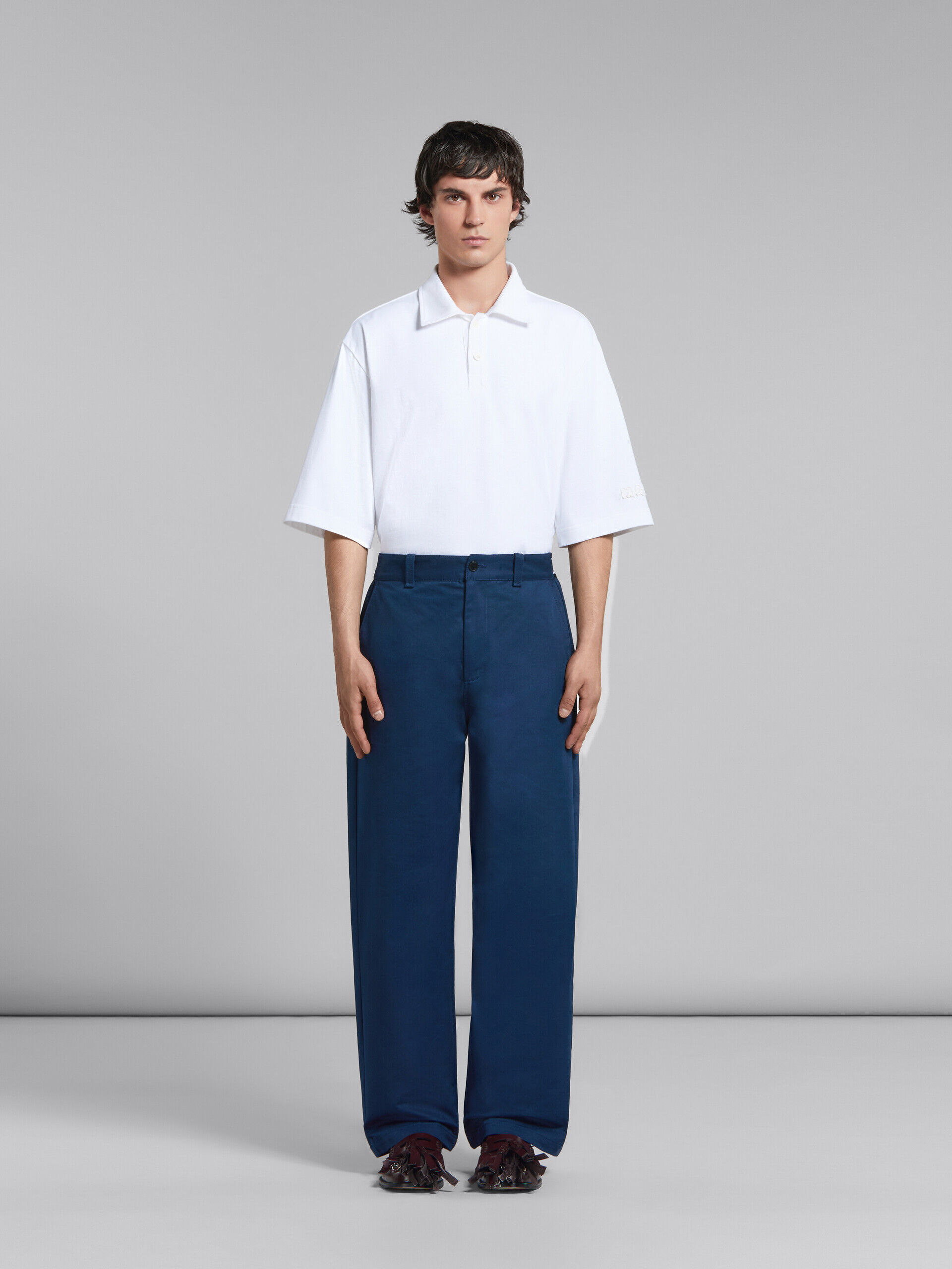 Blue organic gabardine trousers with back logo waist | Marni