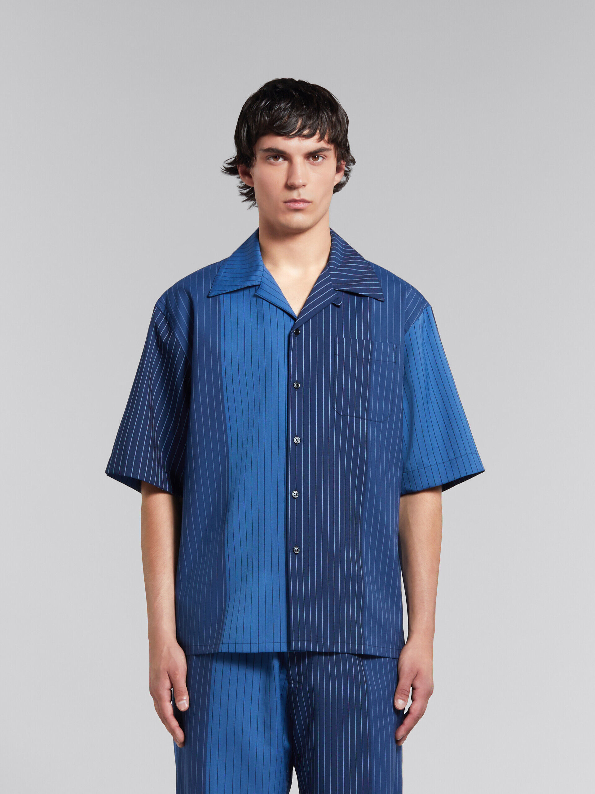 ブルー グラデーションピンストライプ ウール製ボーリングシャツ | Marni