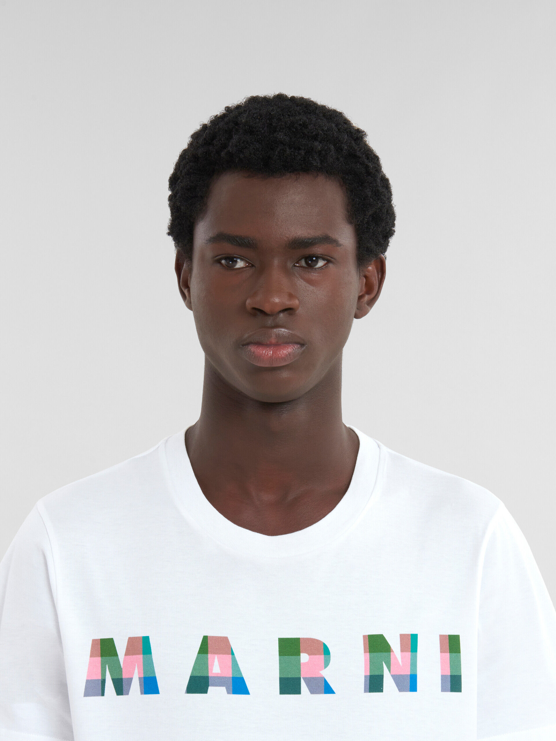 White cotton T-shirt with gingham Marni logo | Marni