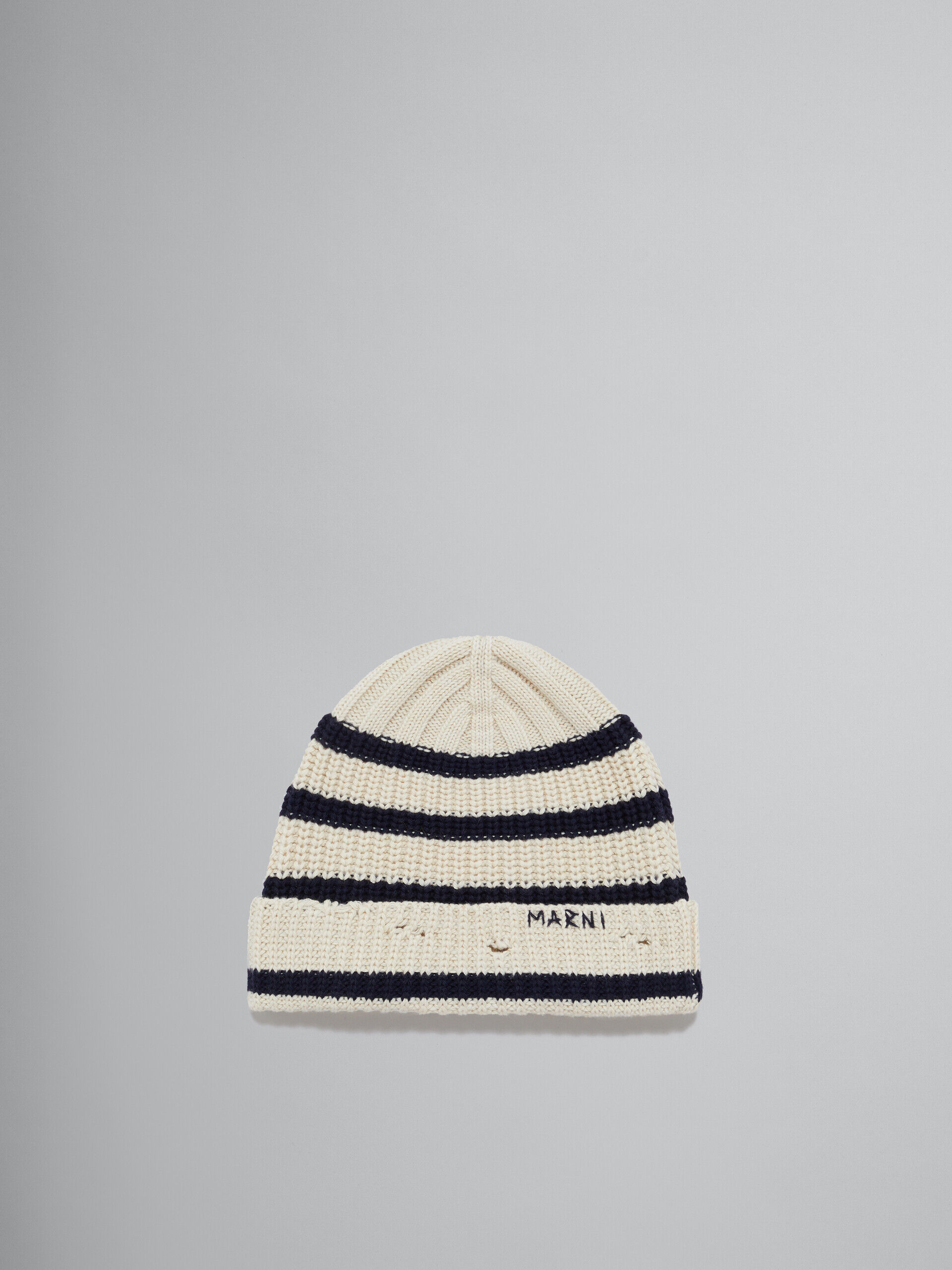 Cream ribbed wool beanie with sailor stripes | Marni