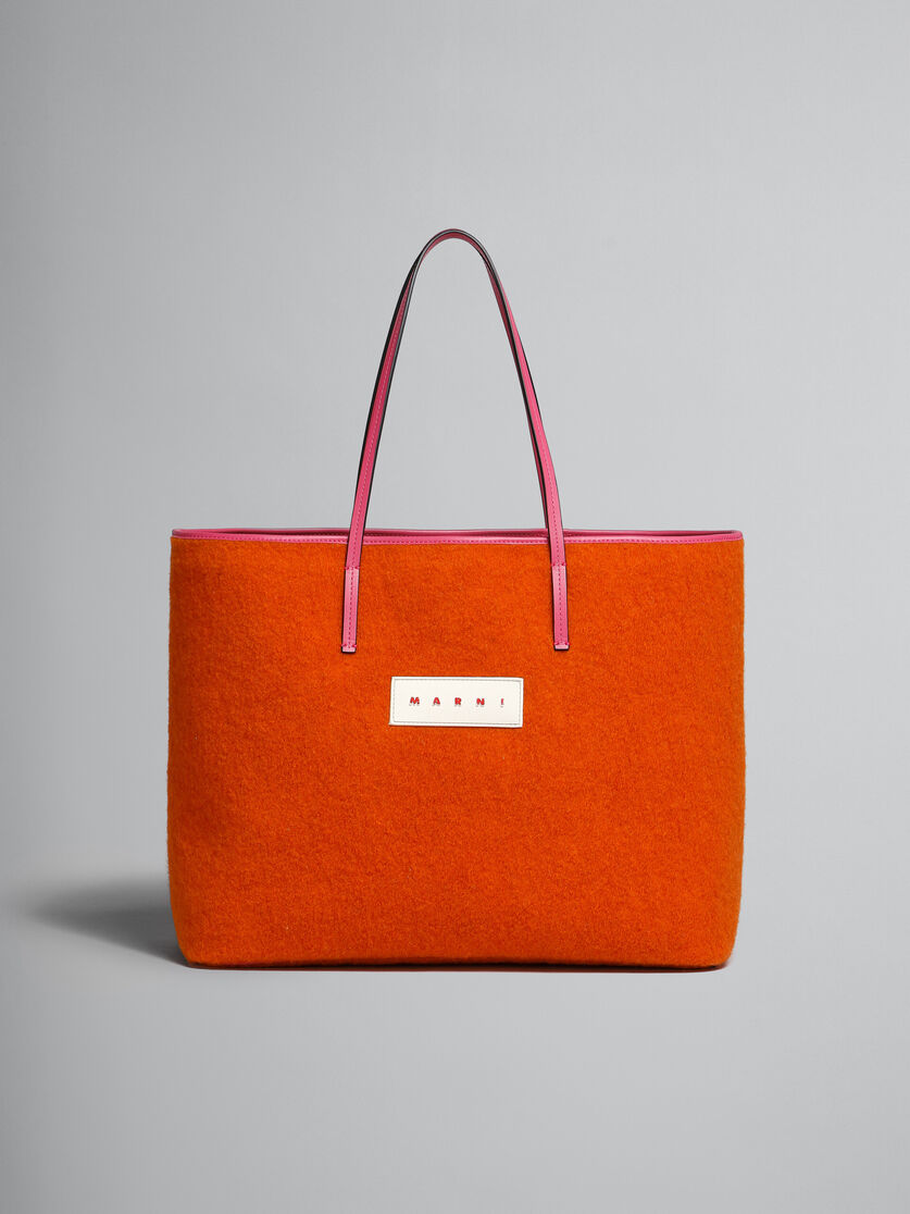 Italian Leather Crossbody Tote with Wool Felt and Zip - Orange and