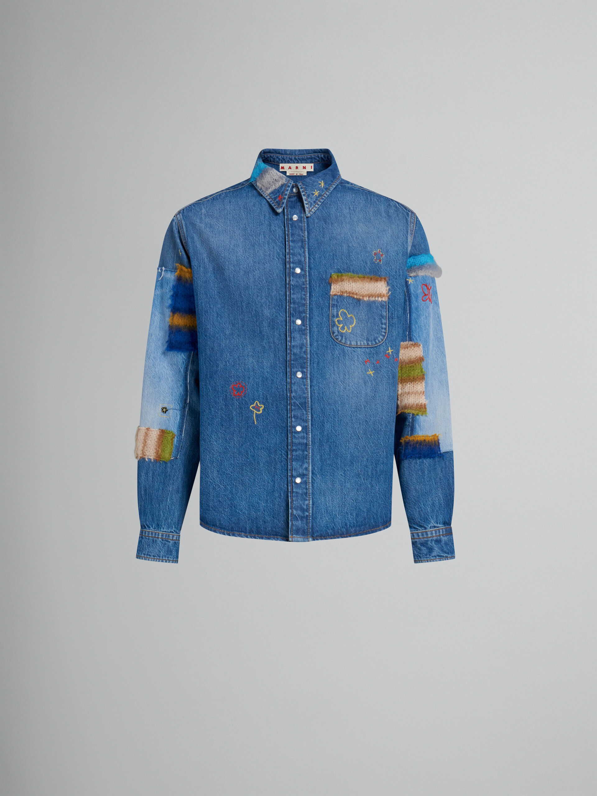 ブルー オーガニックデニム製シャツ、モヘア製パッチ付き | Marni