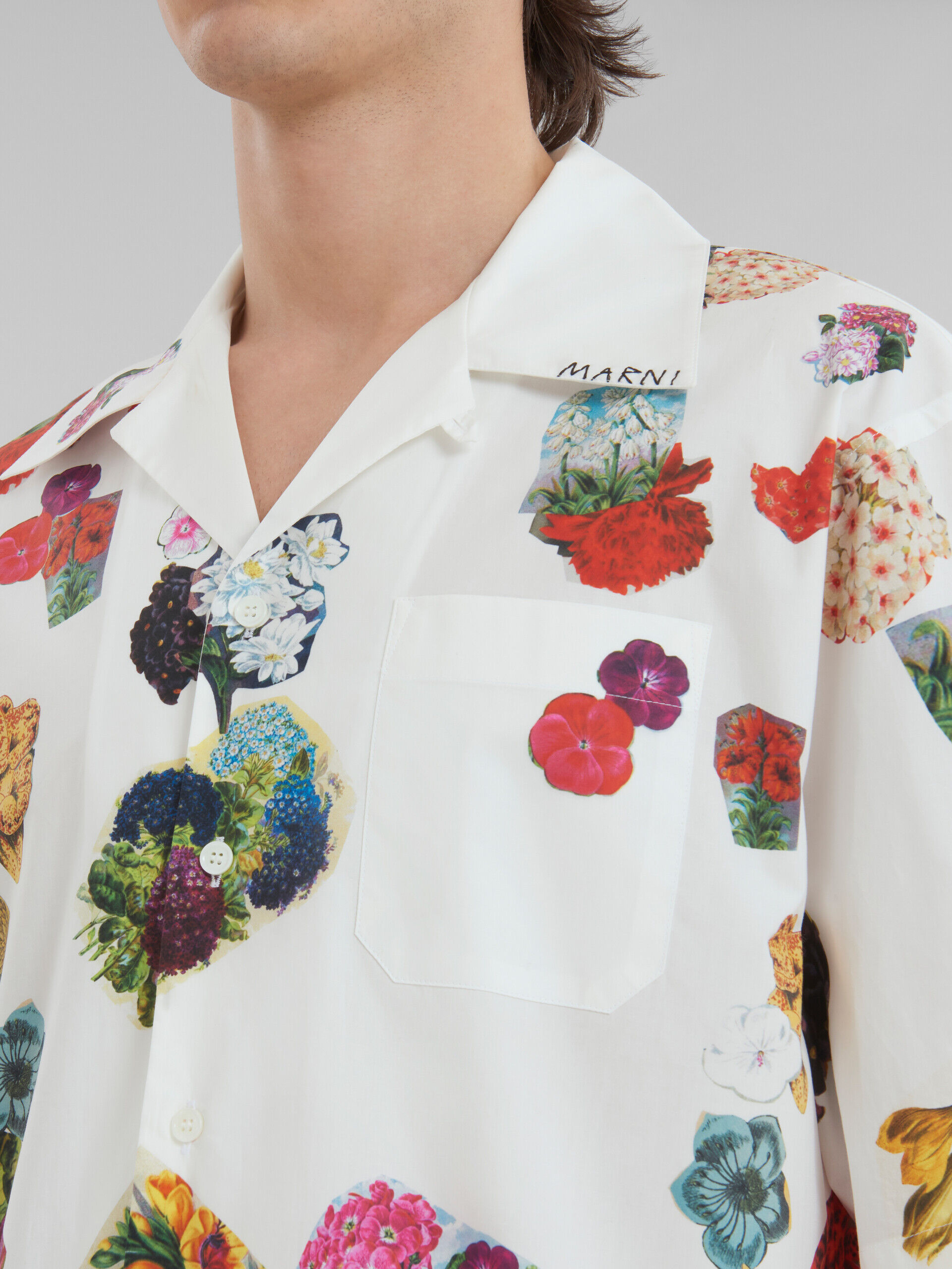 White poplin bowling shirt with flower prints | Marni