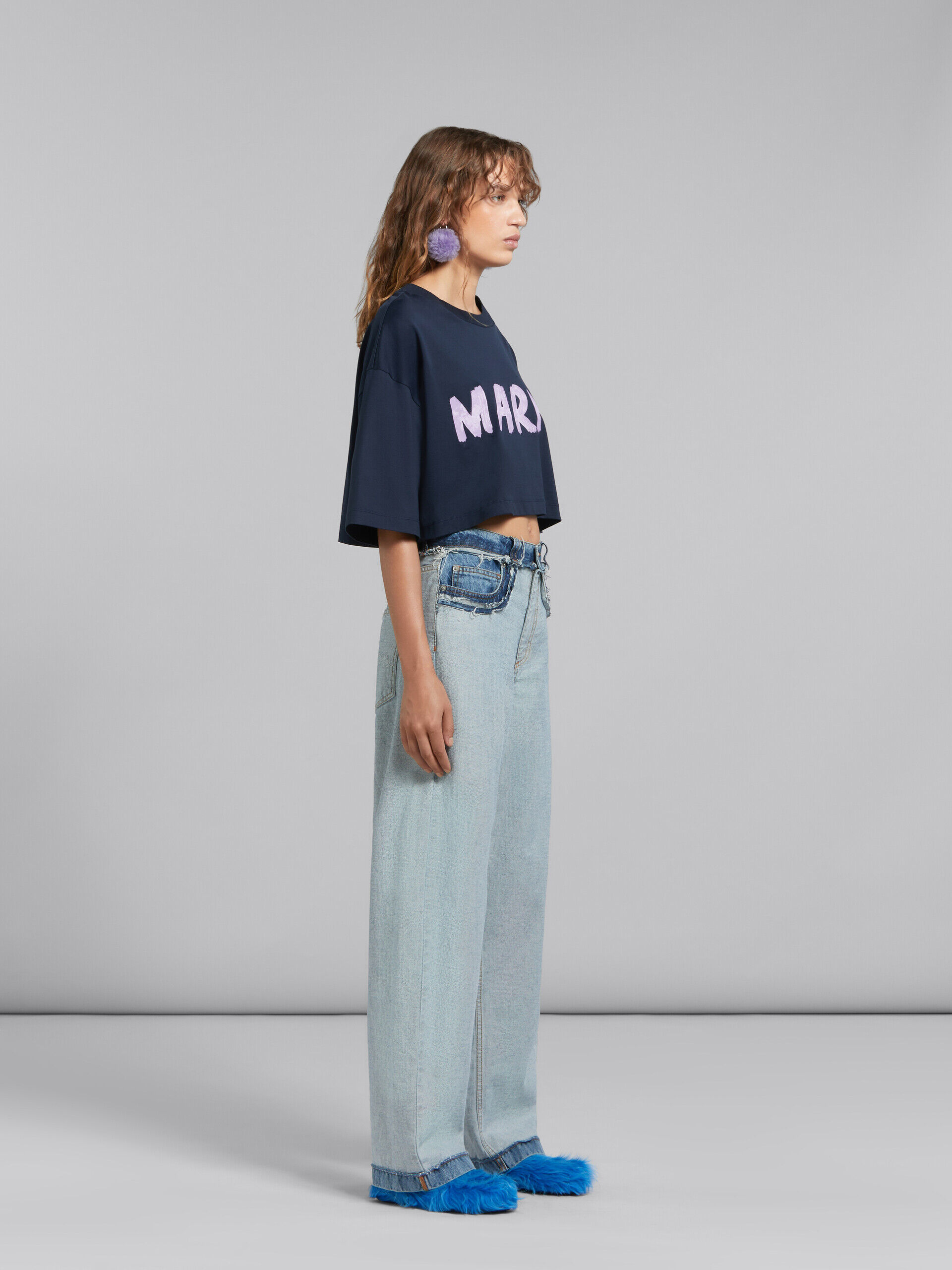 Deep blue organic cotton T-shirt with maxi logo print | Marni