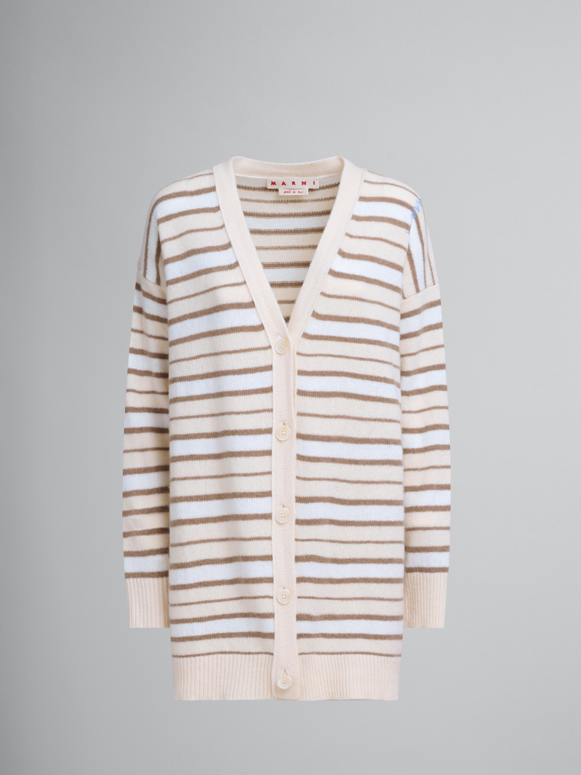 Cardigan a V in misto cashmere bianco avorio a righe - Pullover - Image 1