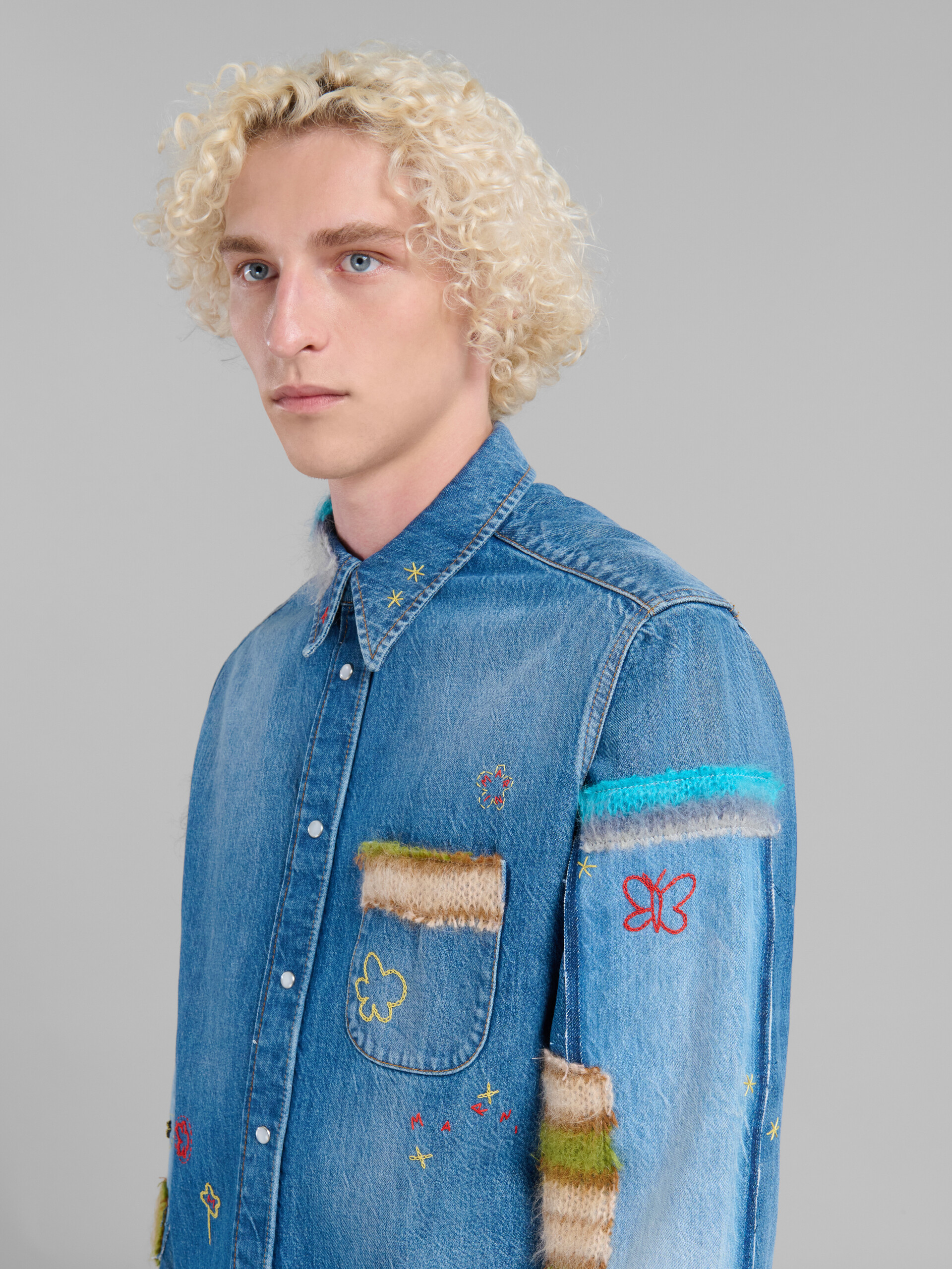 Blue organic denim shirt with mohair patches
