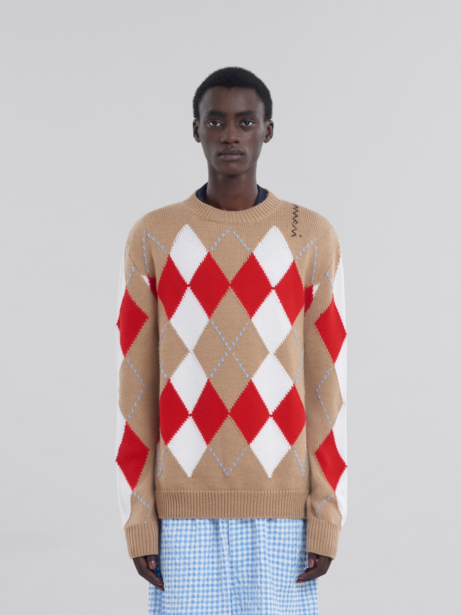 Maglione girocollo in lana beige con motivo Argyle - Pullover - Image 2