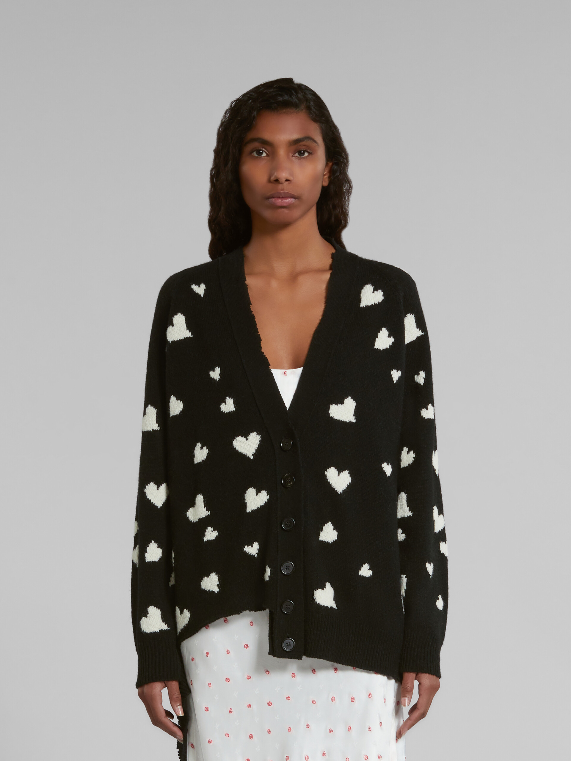 Black wool long cardigan with Bunch of Hearts motif | Marni