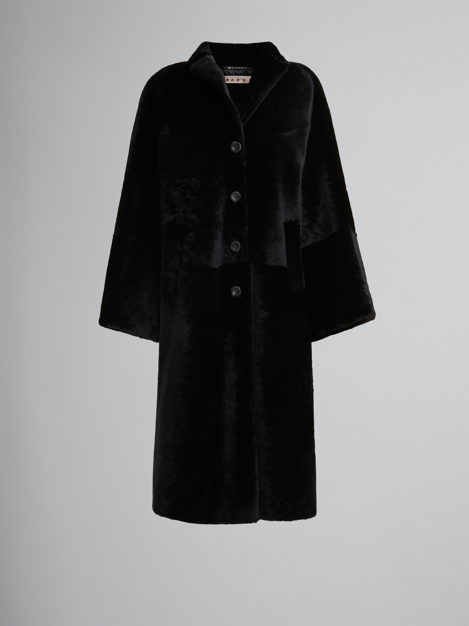 Cappotto in shearling rasato nero con spalle imbottite - Cappotti - Image 1