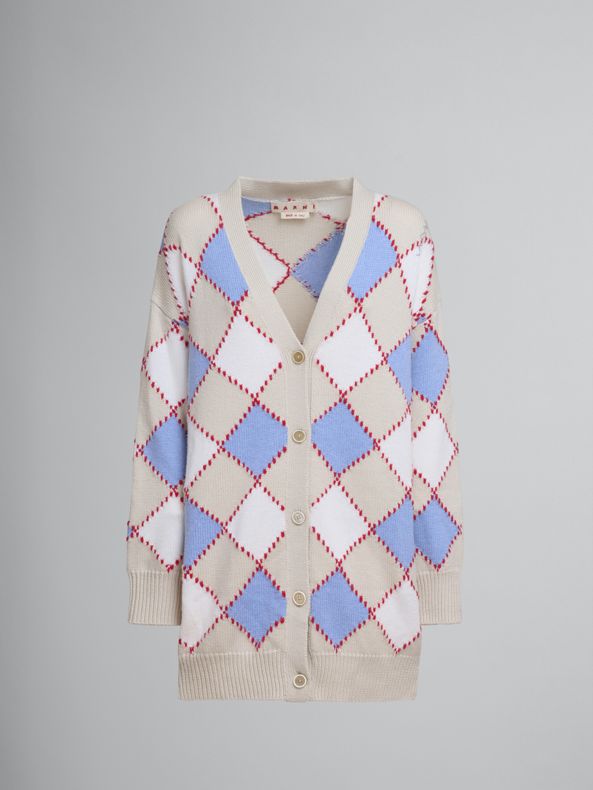 Cardigan lungo in lana bianca con motivo Argyle - Pullover - Image 1