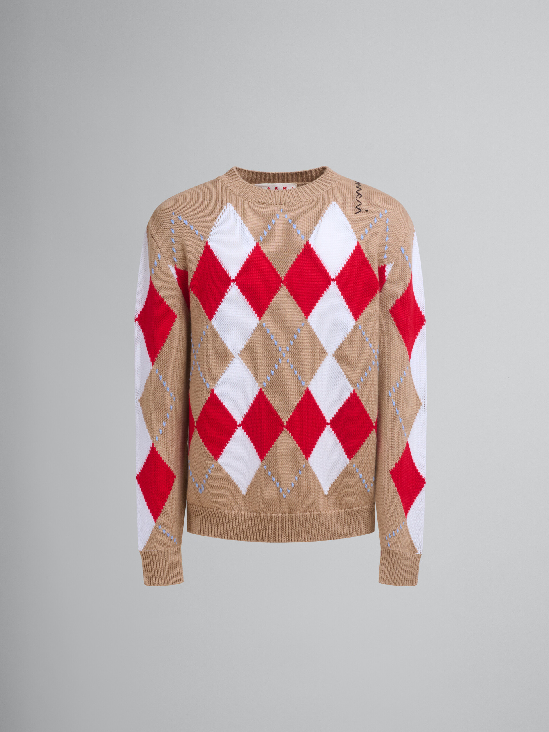 Maglione girocollo in lana beige con motivo Argyle - Pullover - Image 1