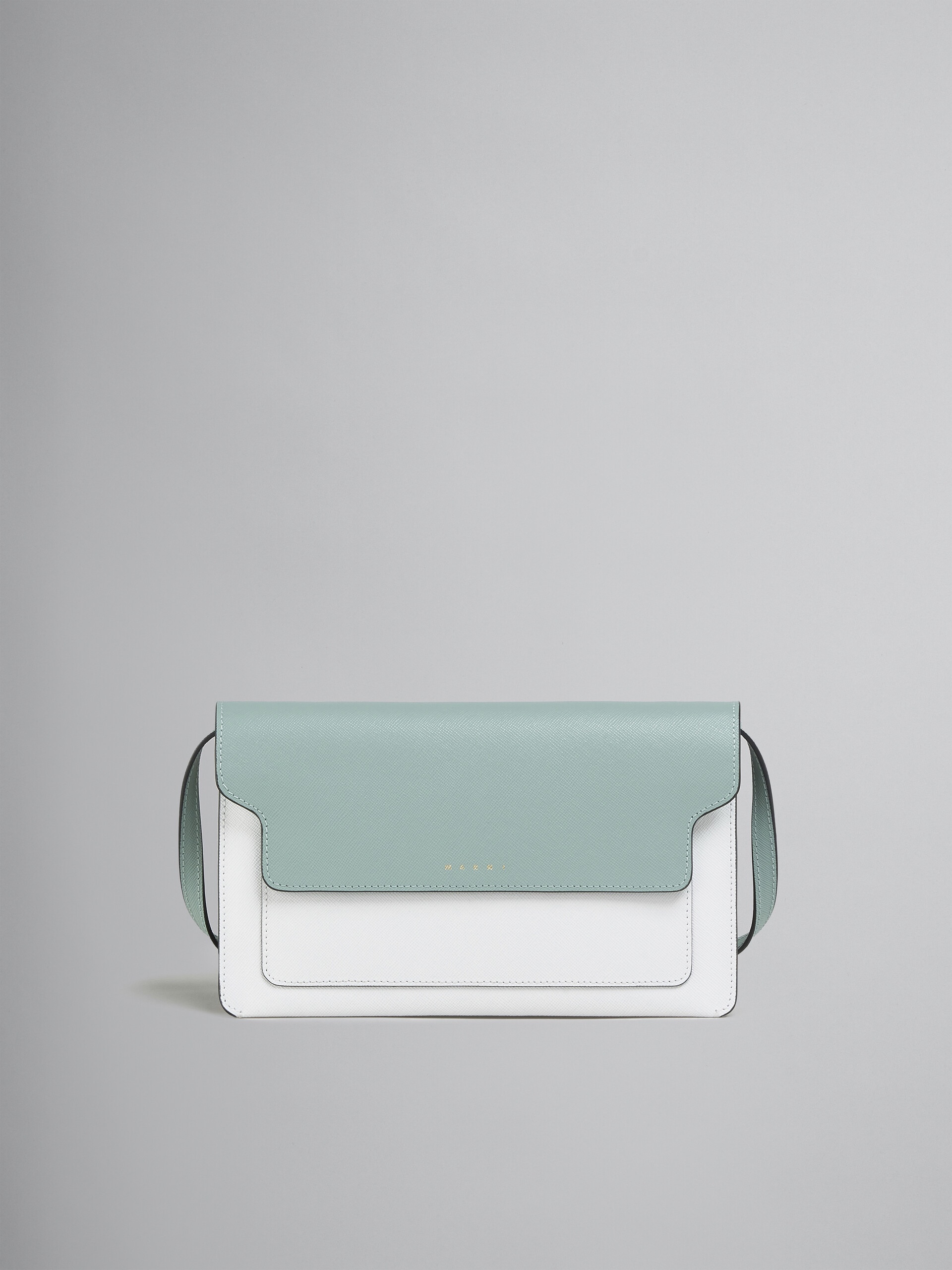 Trunk Clutch in light blue beige and white saffiano leather
