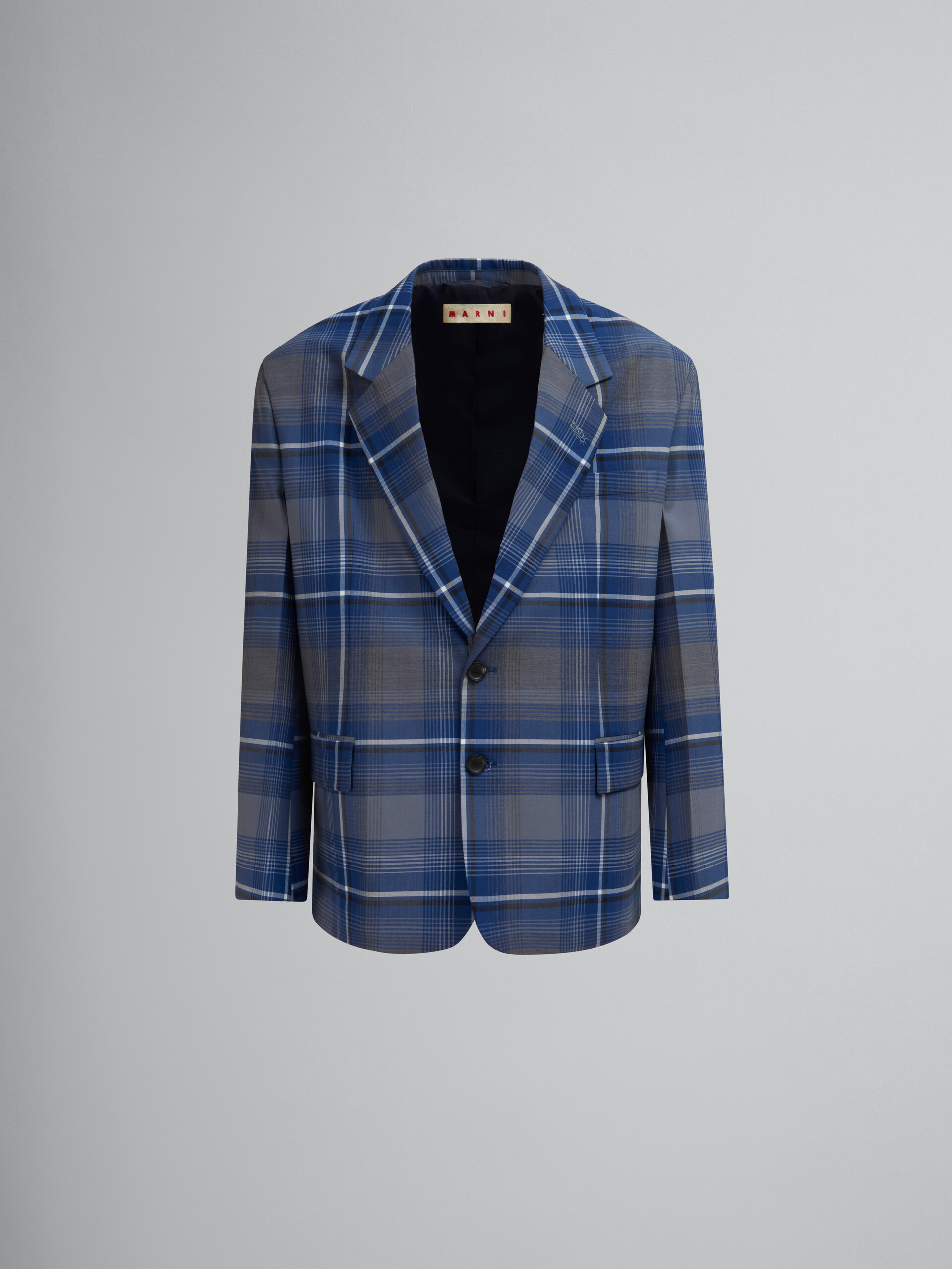 Blazer in lana a quadri blu con rammendo Marni - Giacche - Image 1