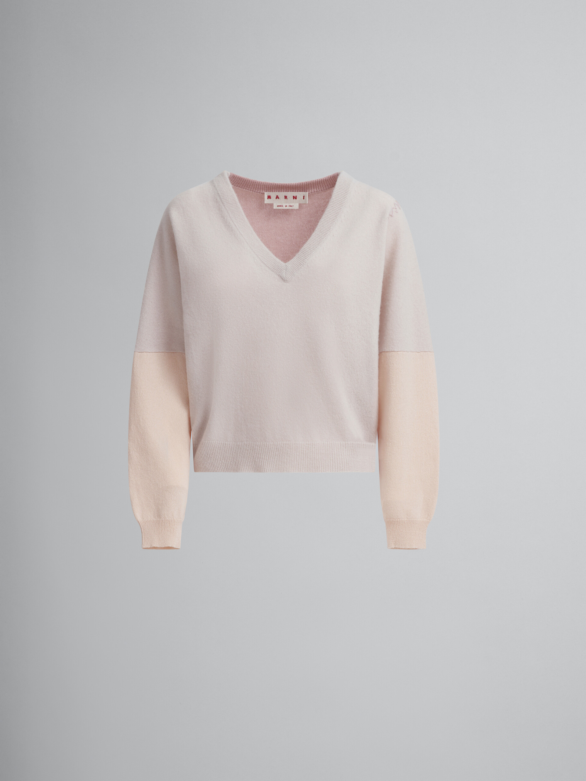 Maglia a V in lana e cashmere rosa pesca color block - Pullover - Image 1