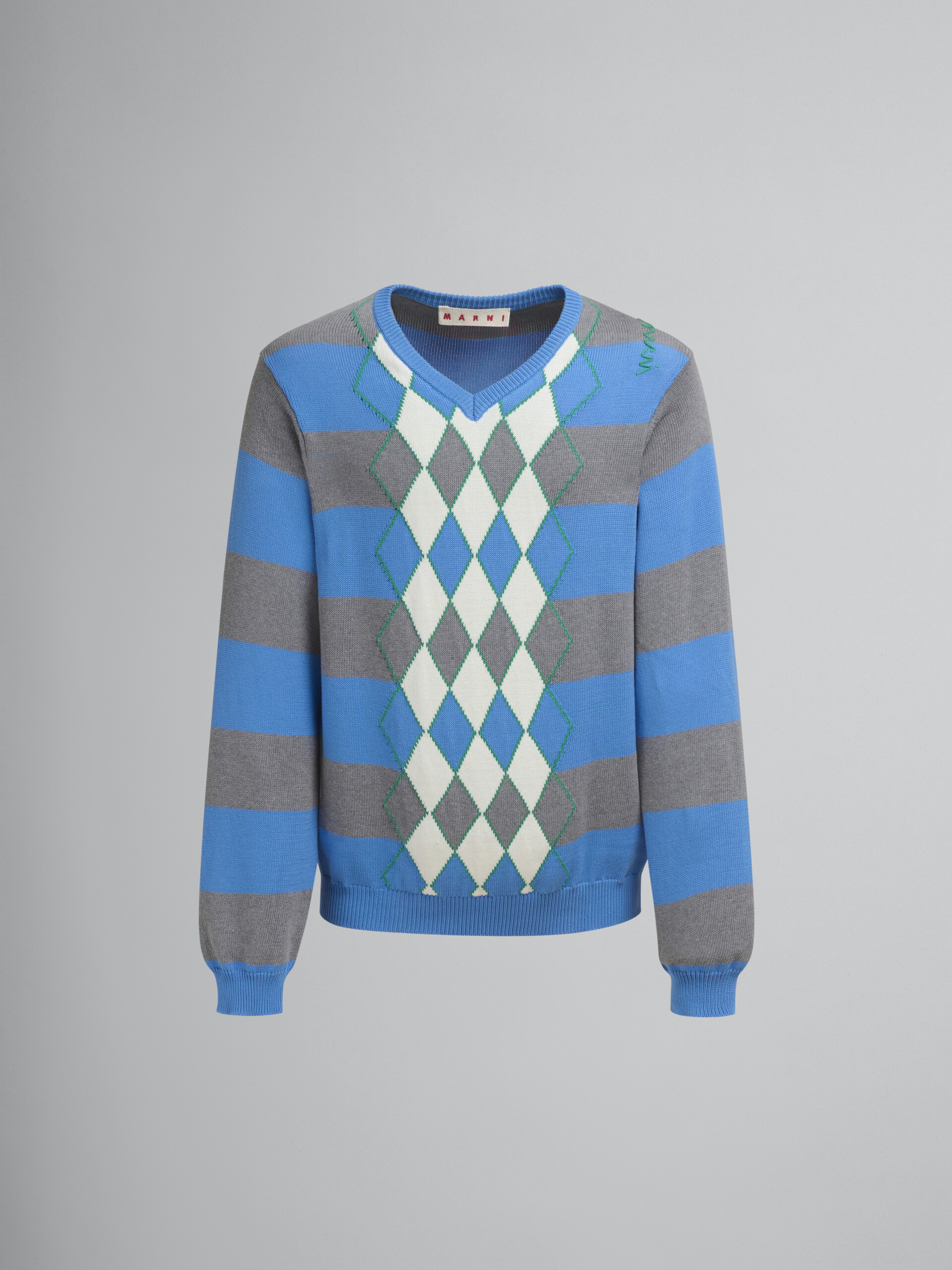 Maglione in cotone a righe azzurre con motivo Argyle - Pullover - Image 1