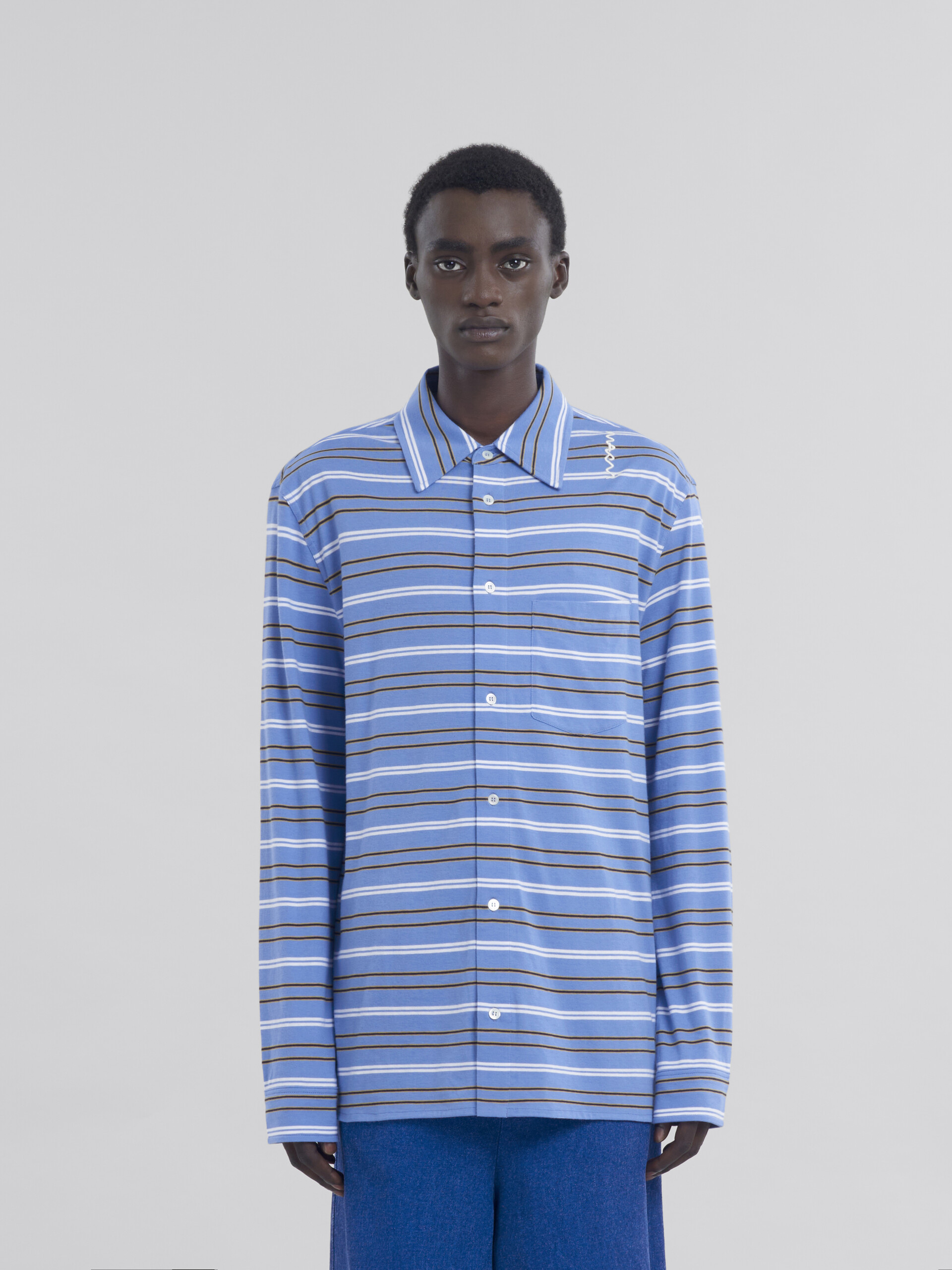 Long sleeved blue and white striped organic cotton polo shirt Marni