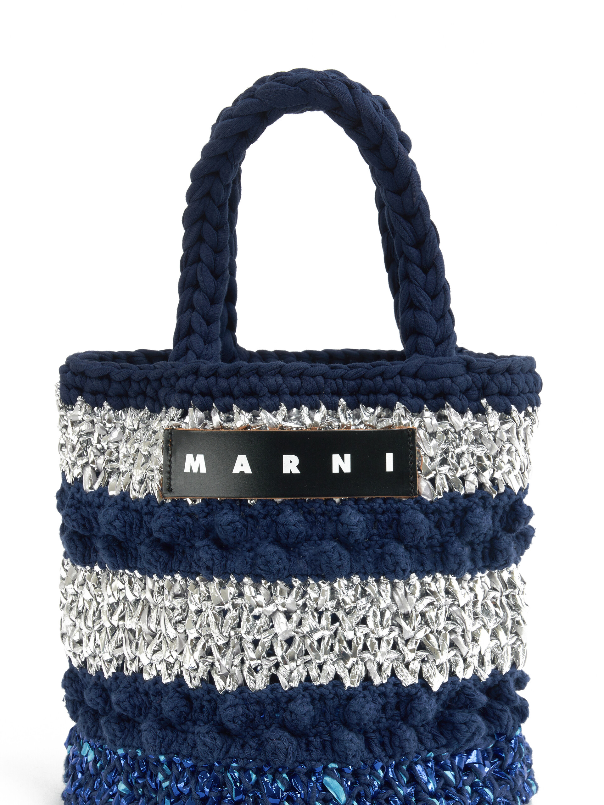 Deep blue and silver bobble-knit MARNI MARKET BUCKET bag