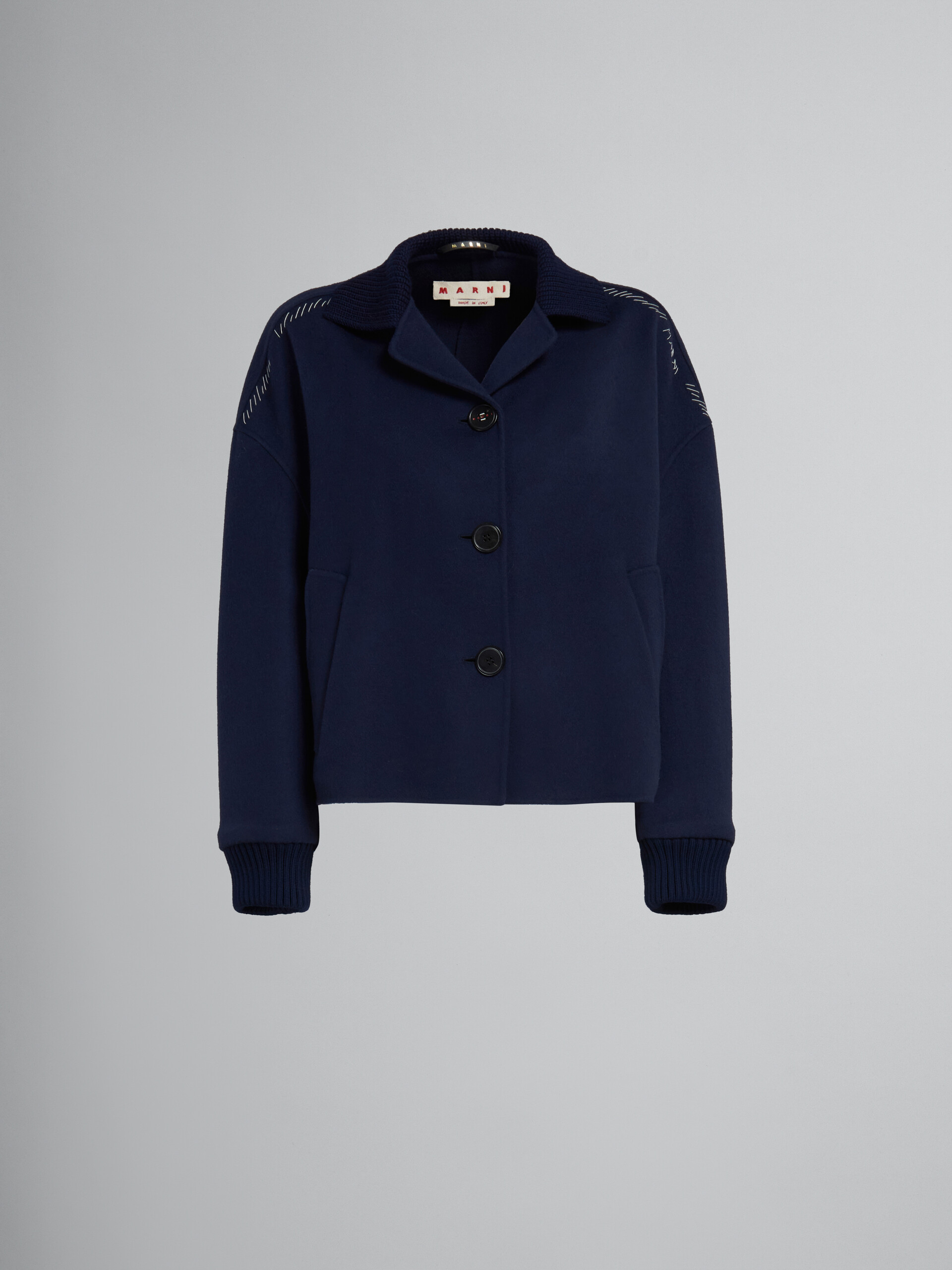 Deep blue wool and cashmere jacket with knit trims