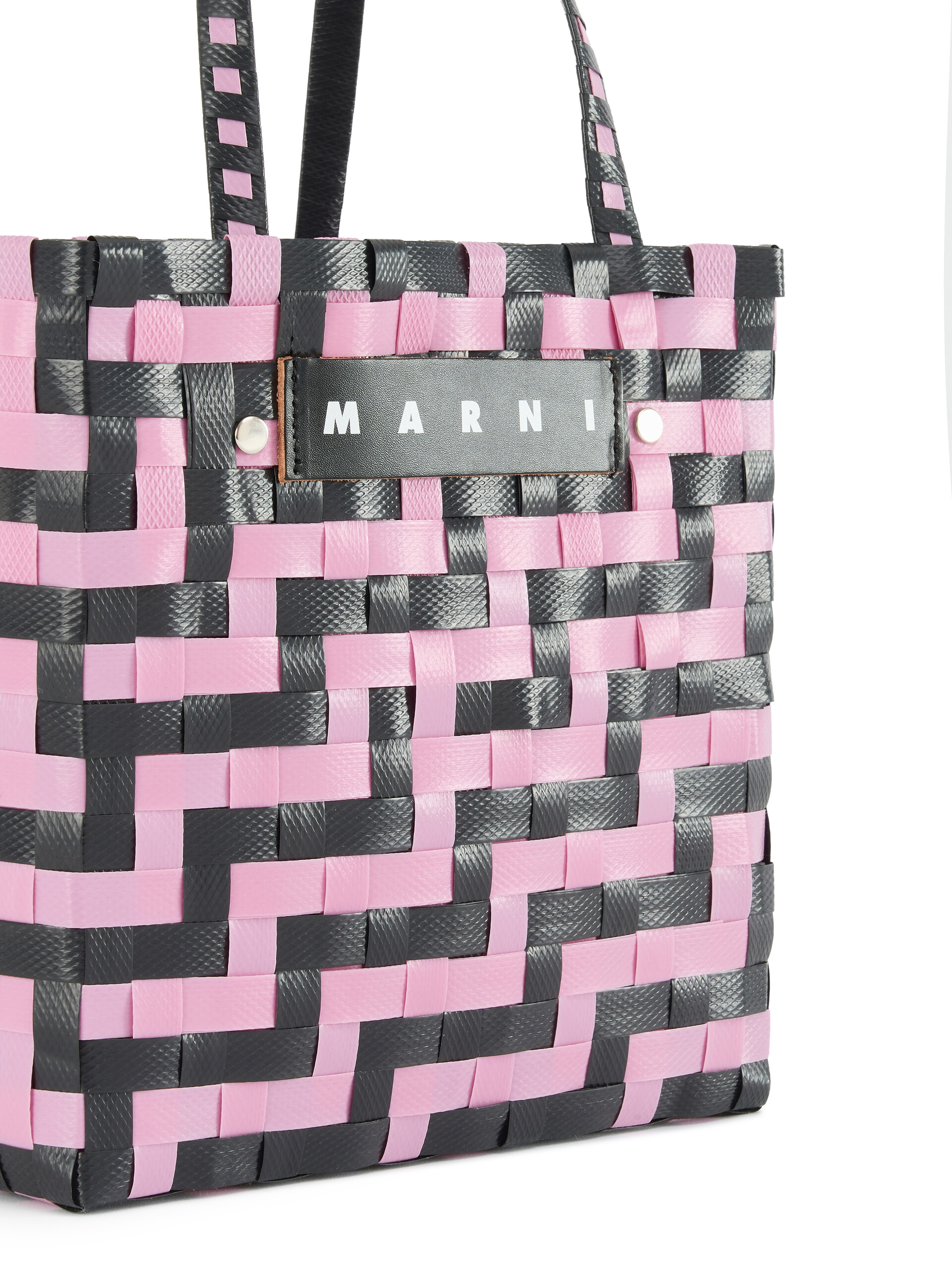 Pink and black checked Marni Market Mini Basket Bag