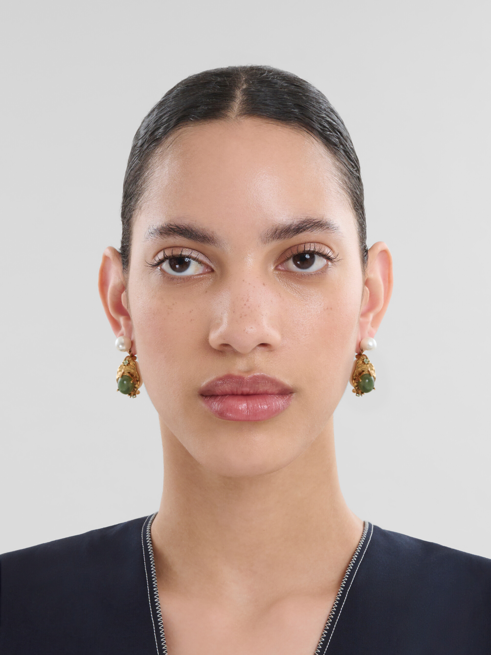Pearl drop earrings with green gemstones - Earrings - Image 2