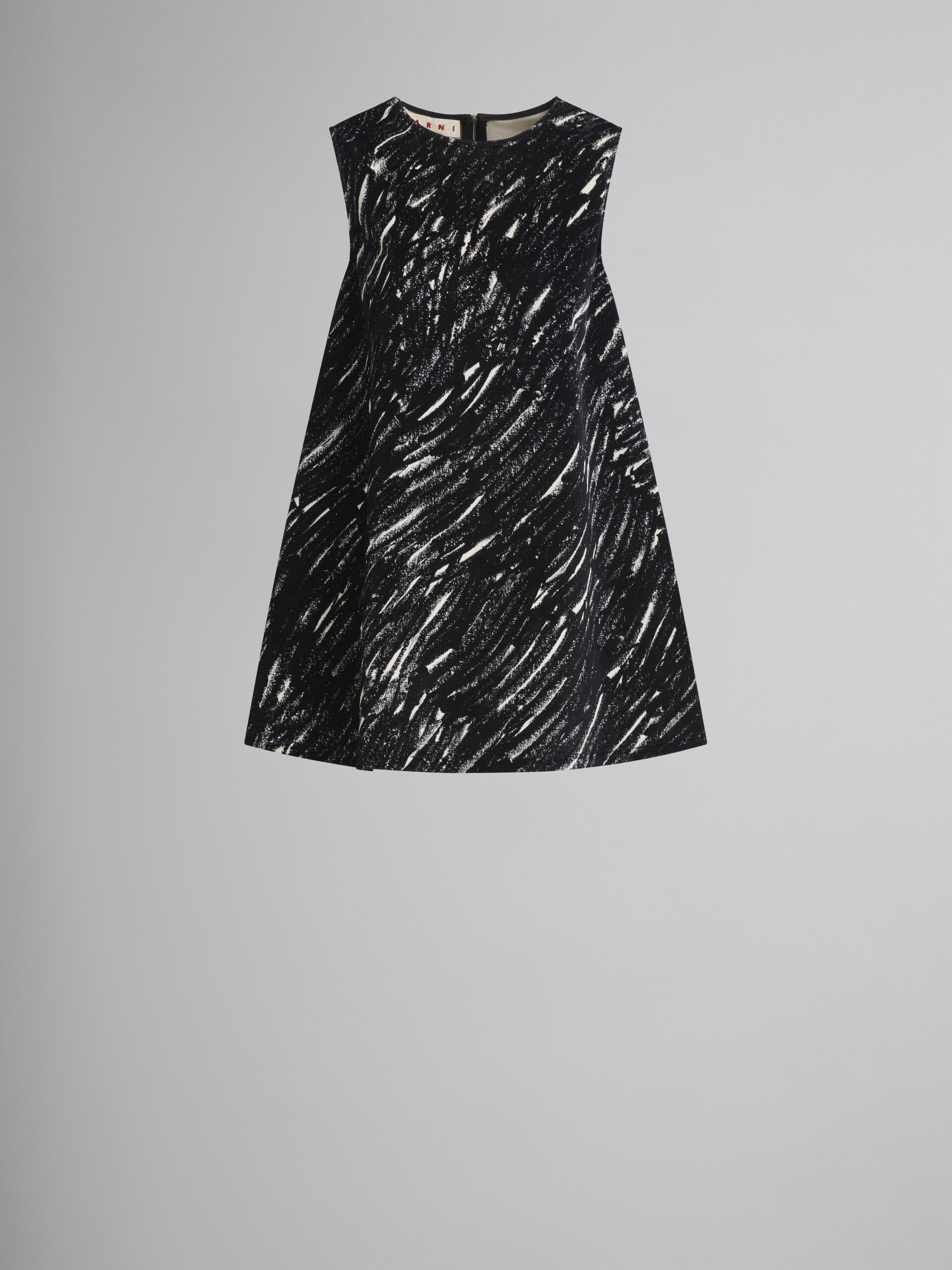 Black flocked denim flared dress with Crayon print - Dresses - Image 1