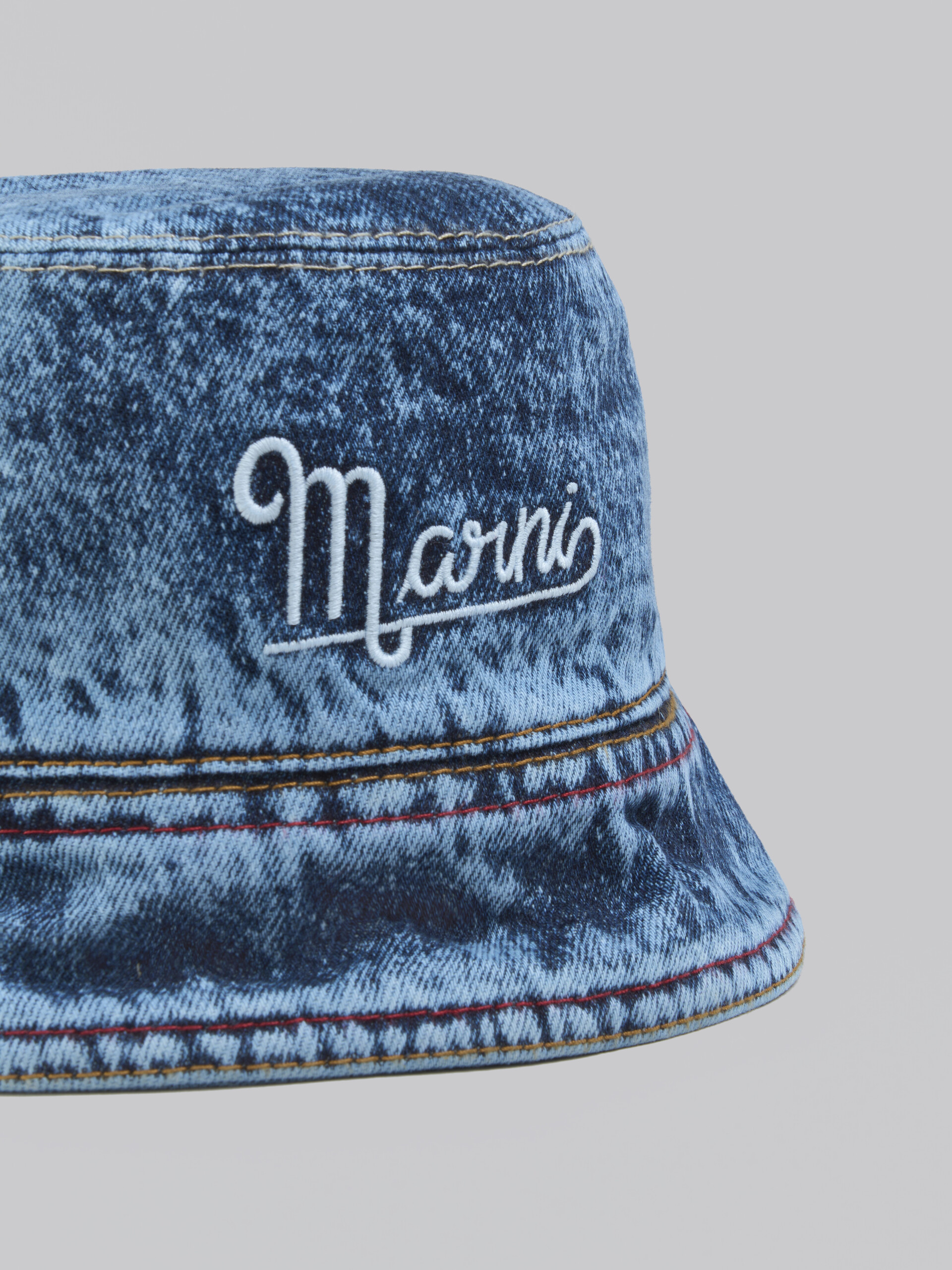 Blue denim bucket hat with marble-dyed finish
