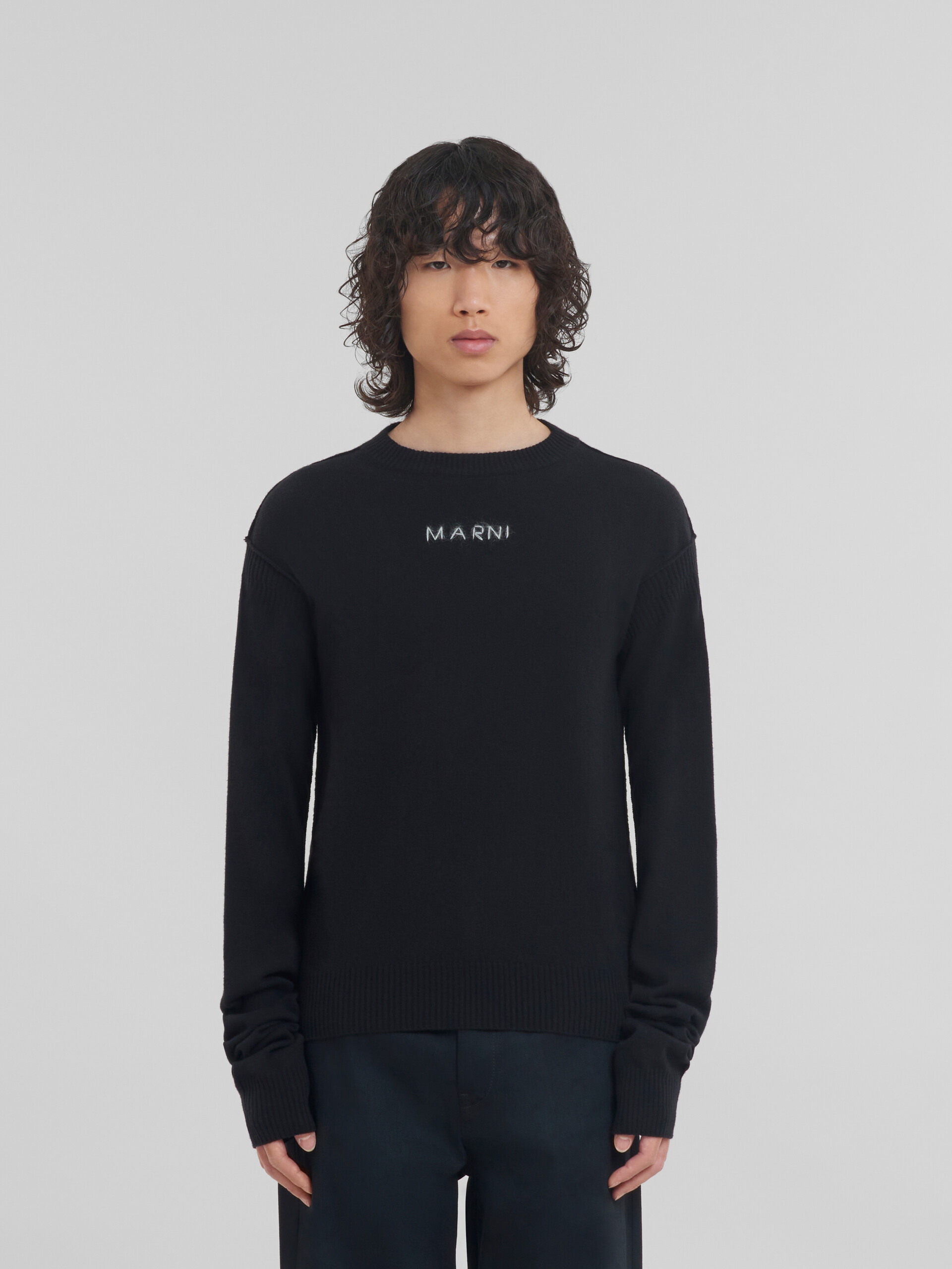 Girocollo nero in lana e cashmere con logo - Pullover - Image 2