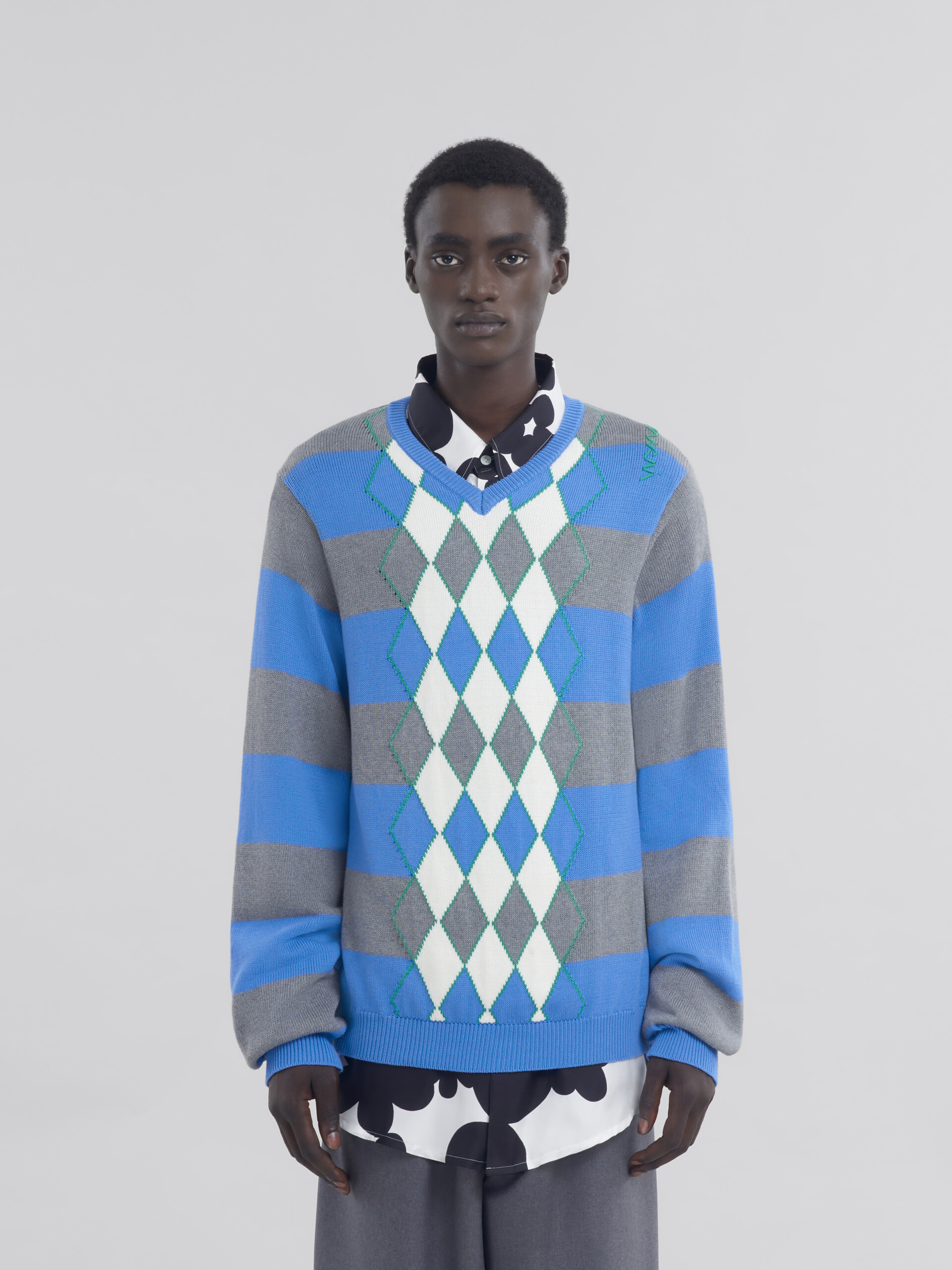 Maglione in cotone a righe azzurre con motivo Argyle - Pullover - Image 2