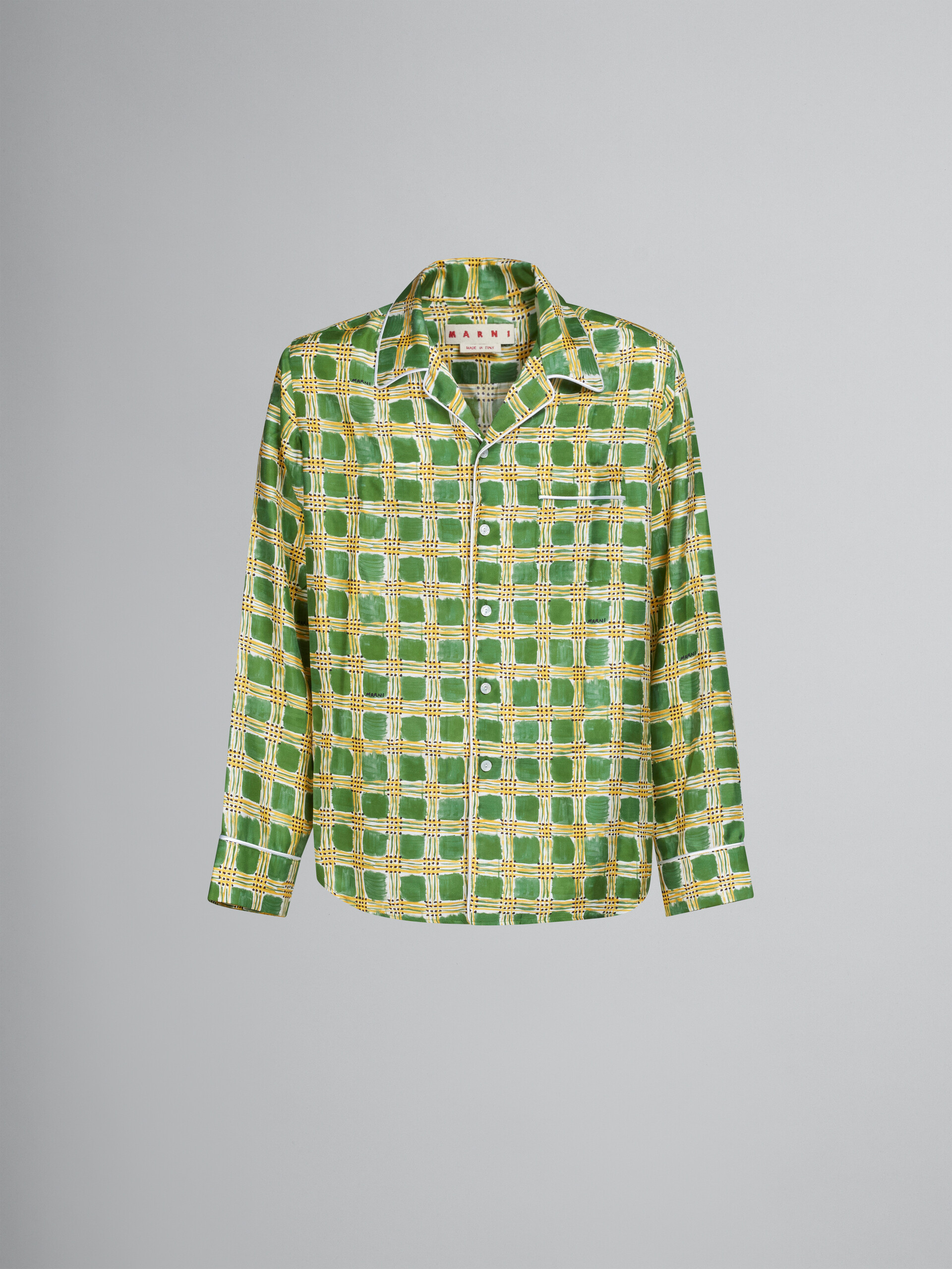 Green silk twill shirt with Check Fields print