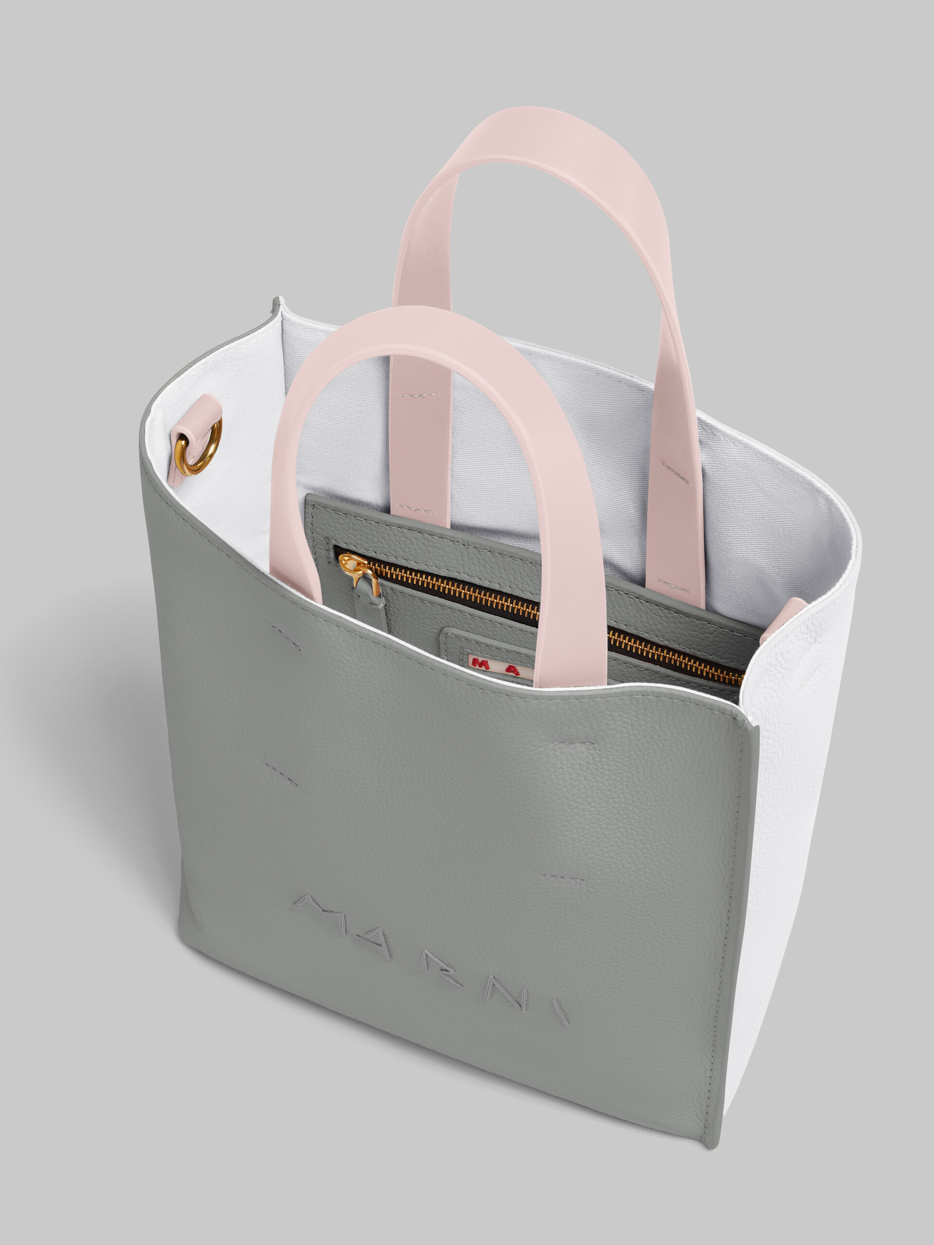 Museo Soft bag Mini in pelle bianca e marrone con ricamo Marni Mending - Borse shopping - Image 4